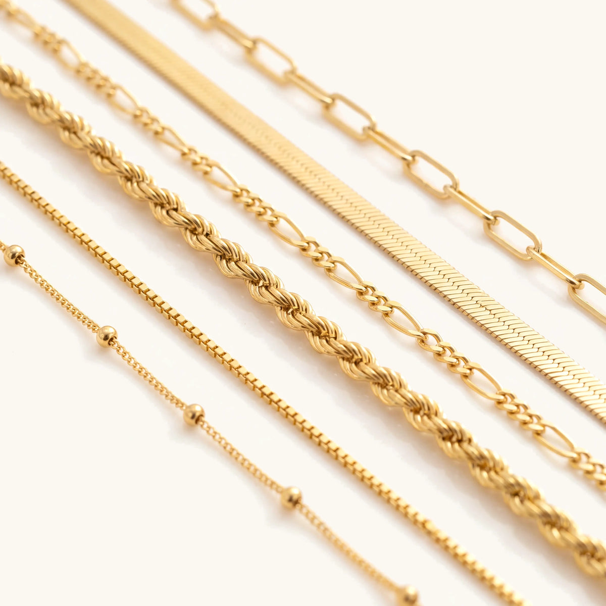 6pc Classic Bracelets Stack, close-up of the chain textures