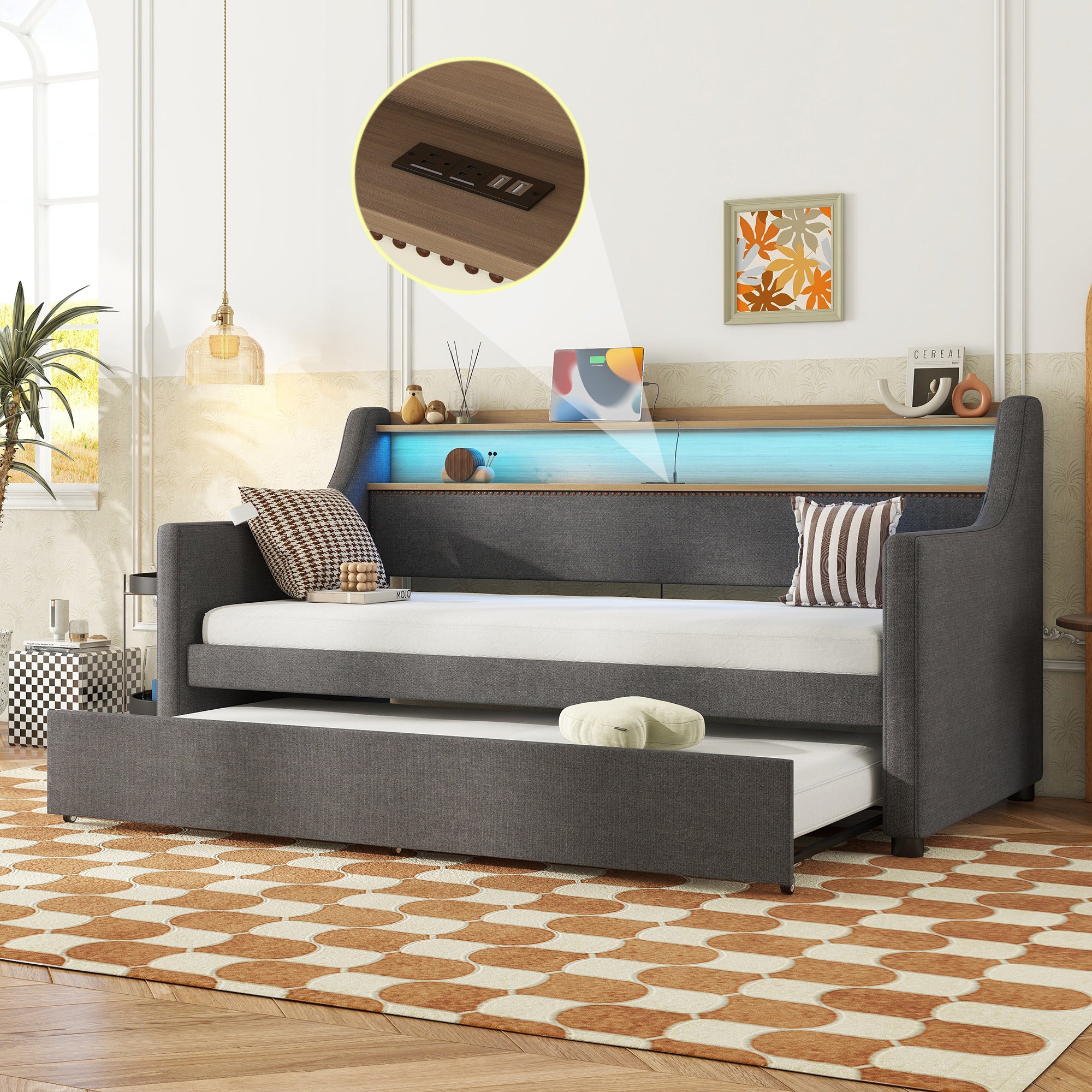 Twin Size Gray Upholstered Daybed with Trundle, Charging Station & LED Lights