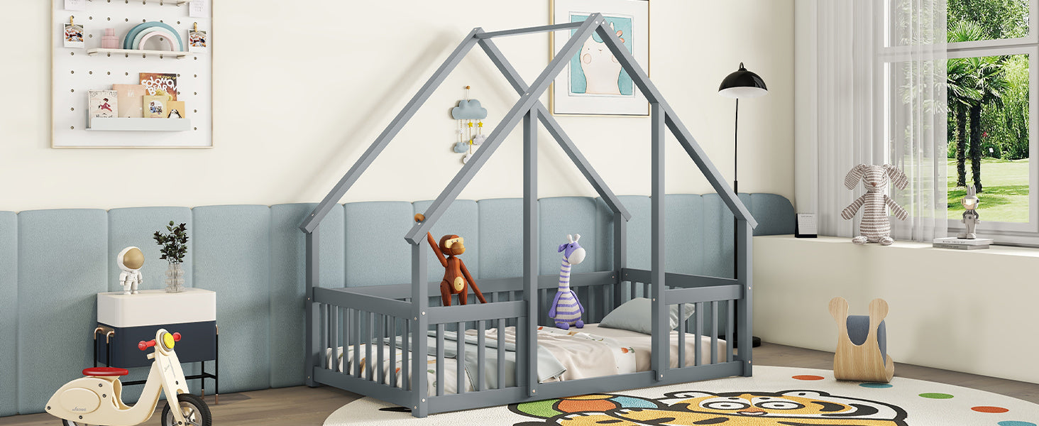 Twin Wood House-Shaped Toddler Floor Bed with Fence & Guardrails in Gray