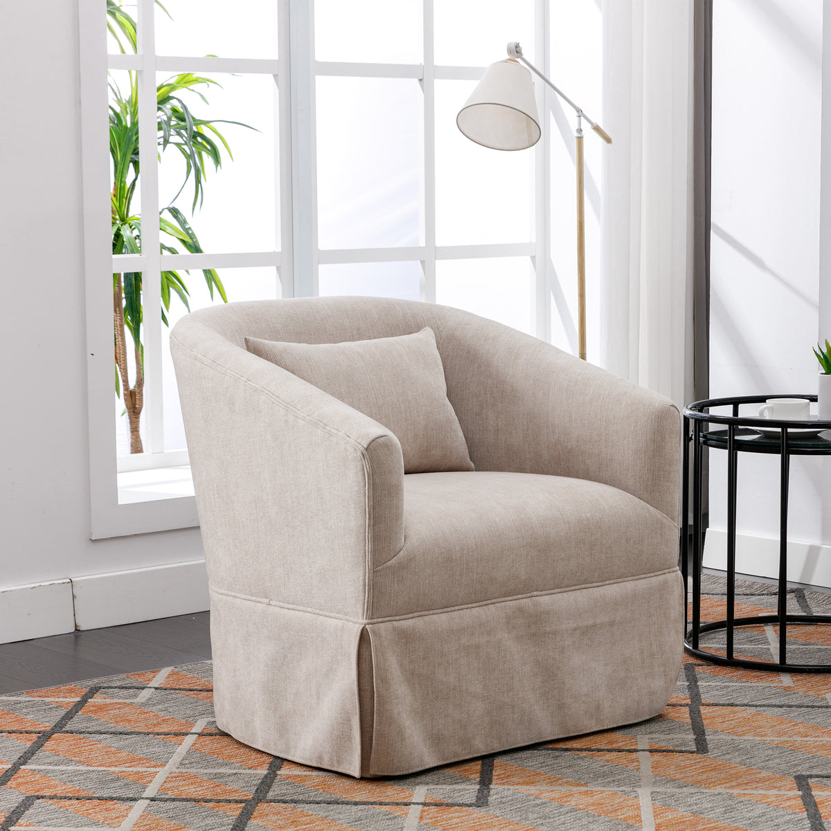 Beige Linen Blend Swivel Accent Armchair