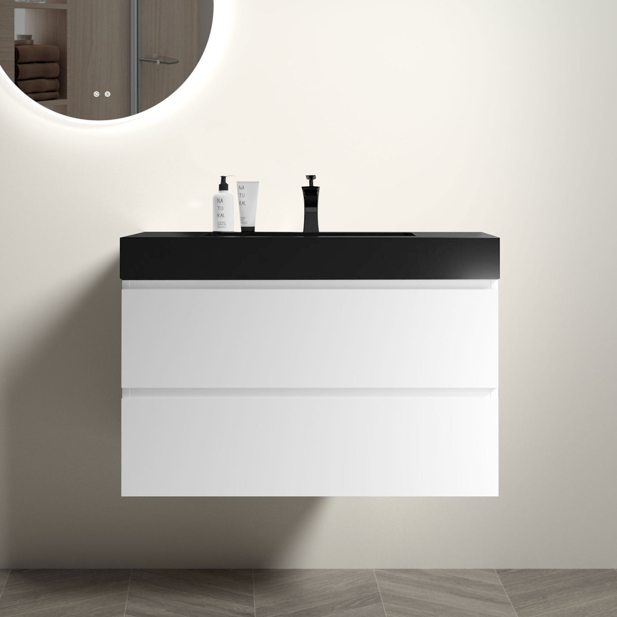 36 Inch White Bathroom Vanity with Large Storage Wall Mounted Floating Design and One-Piece Black Sink Basin In White and Black