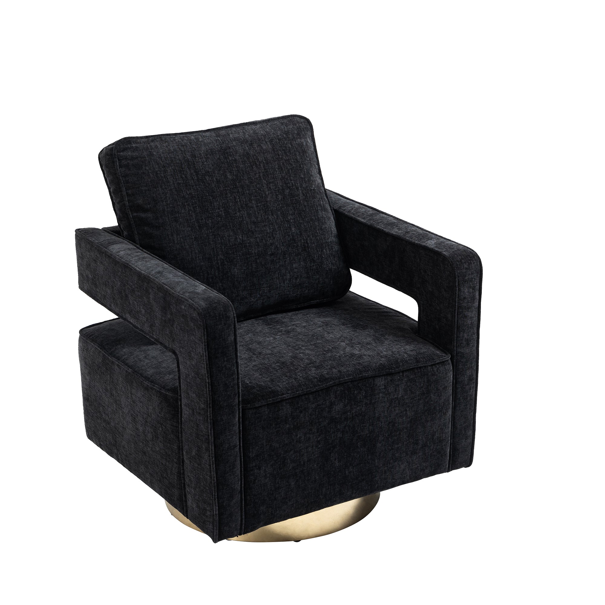 Open Back Black Chenille Swivel Accent Chair With Gold Stainless Steel Base