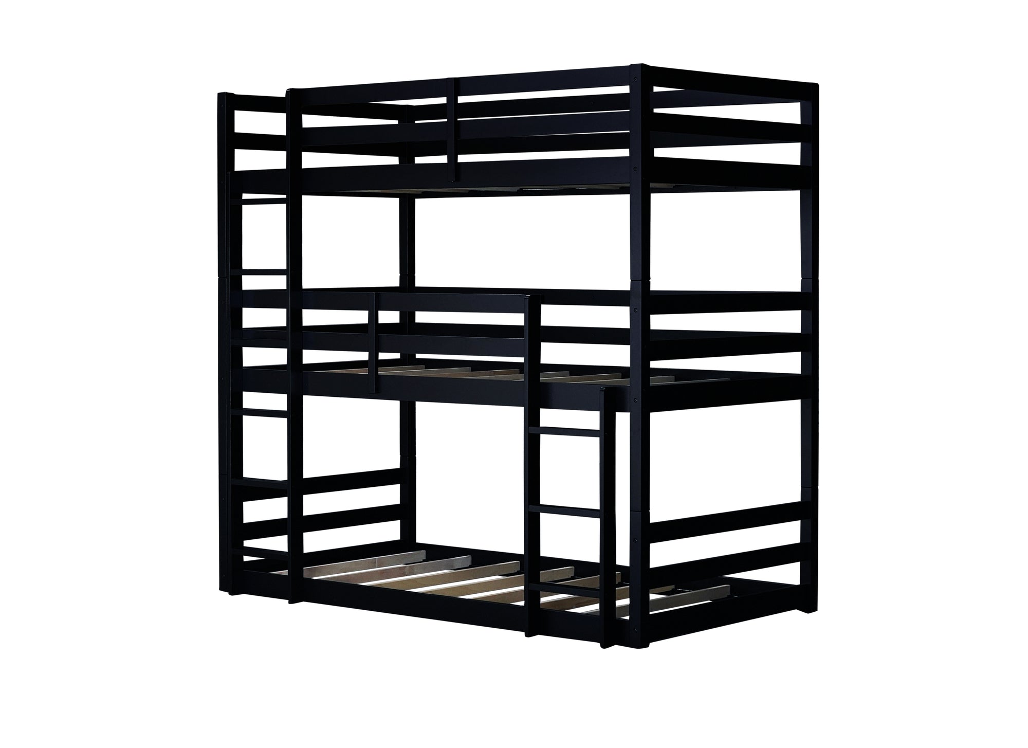 Black Triple Rubber Wood Bunk Bed with Built-In Ladders and Guardrails