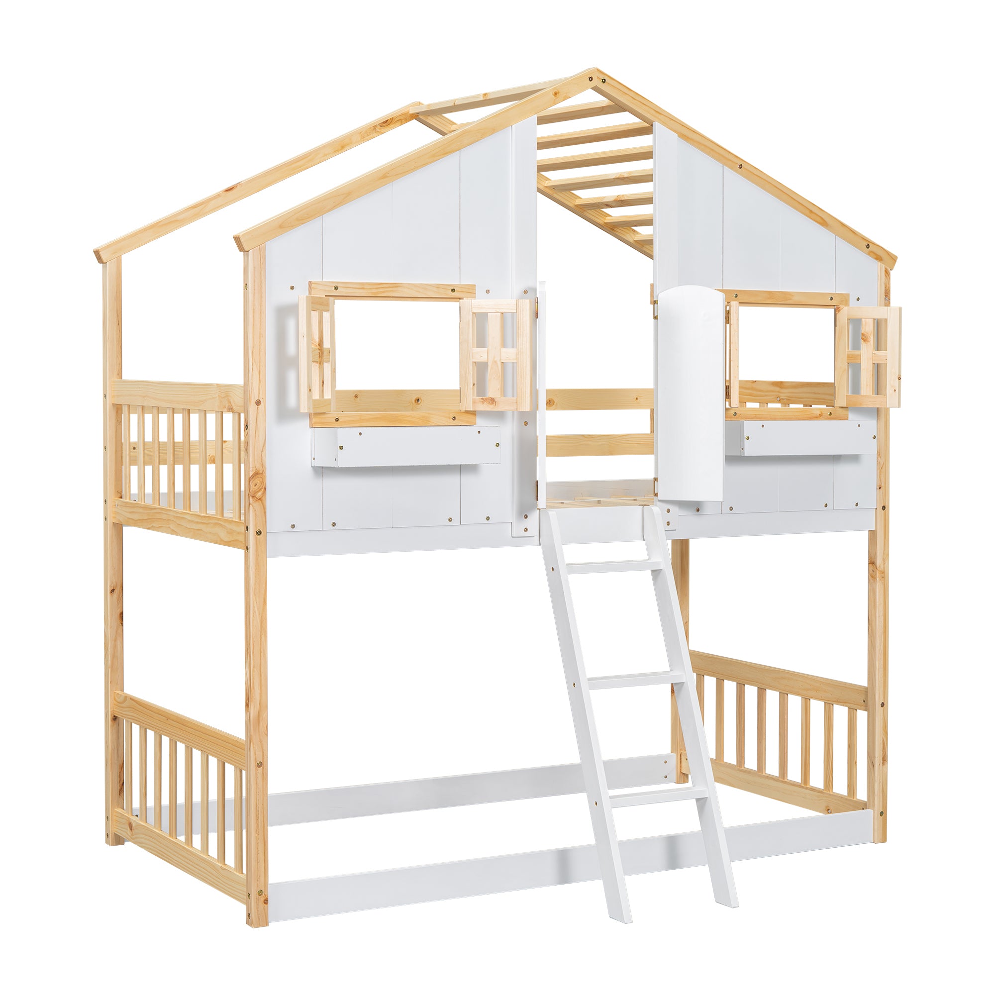 Twin Over Twin House Bunk Bed with Roof, Window, and Door in Natural and White Tones