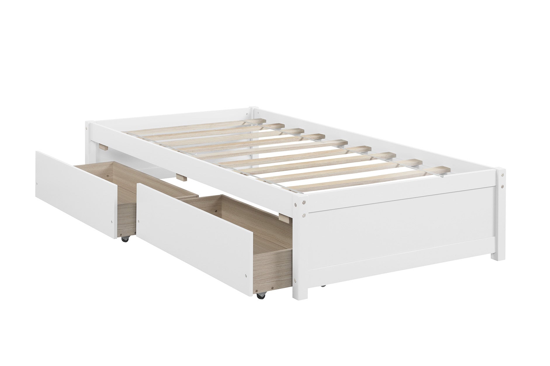 White Twin Bed with 2 Drawers, Solid Wood and No Box Spring Needed