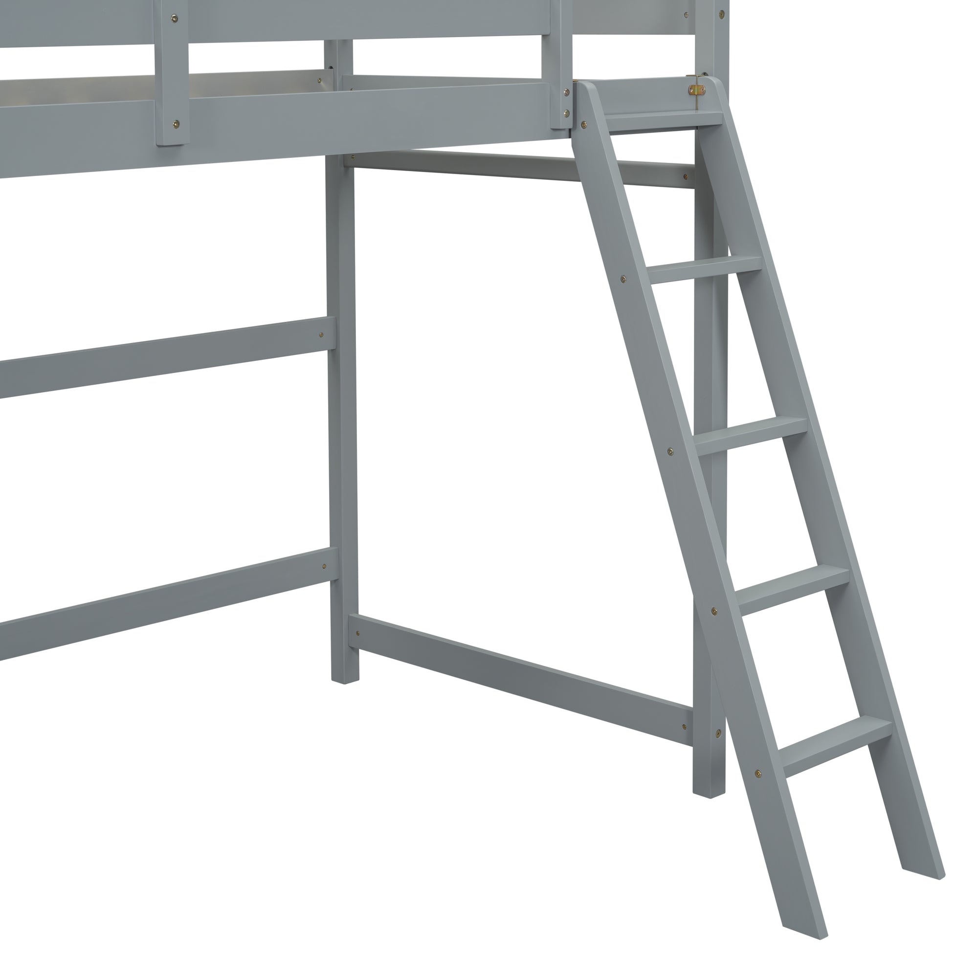 Gray Twin Size High Loft Bed with Inclined Ladder and Guardrails