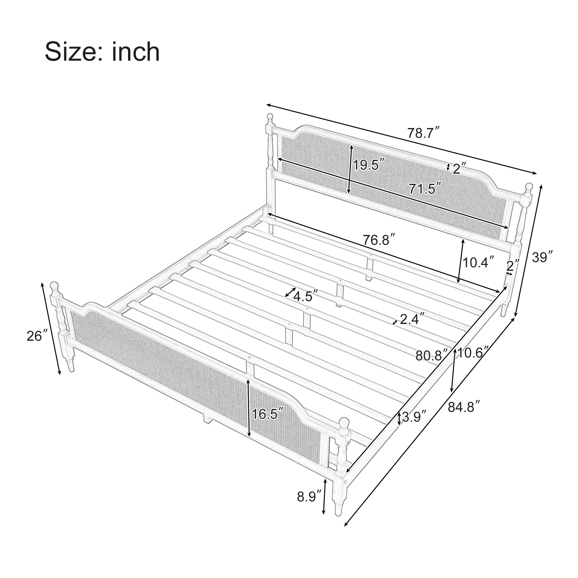 Walnut Toned King Rattan Bed Frame with Elegant Rattan Headboard