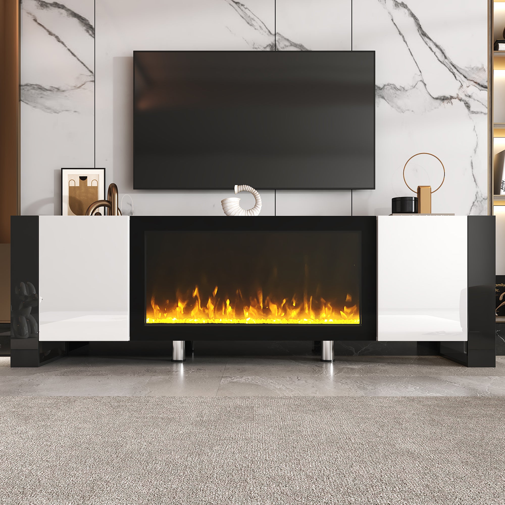 Modern TV Stand with Electric Fireplace and Storage for TVs up to 78 Inches In White