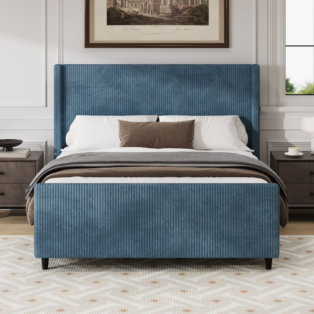 Modern Queen Size Corduroy Upholstered Platform Bed Frame With High Headboard