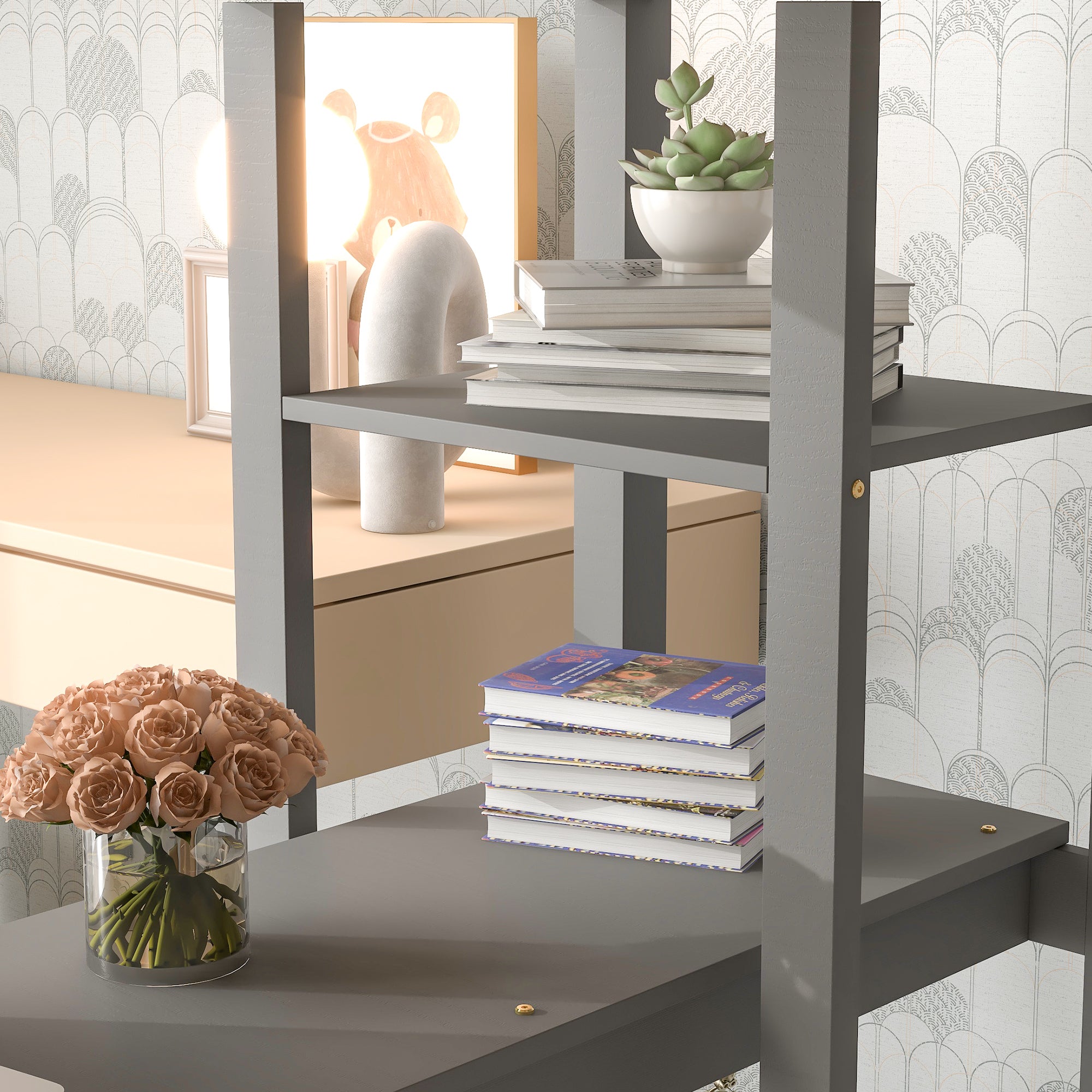 Gray Full Loft Bed with Desk, Ladder, and Shelves