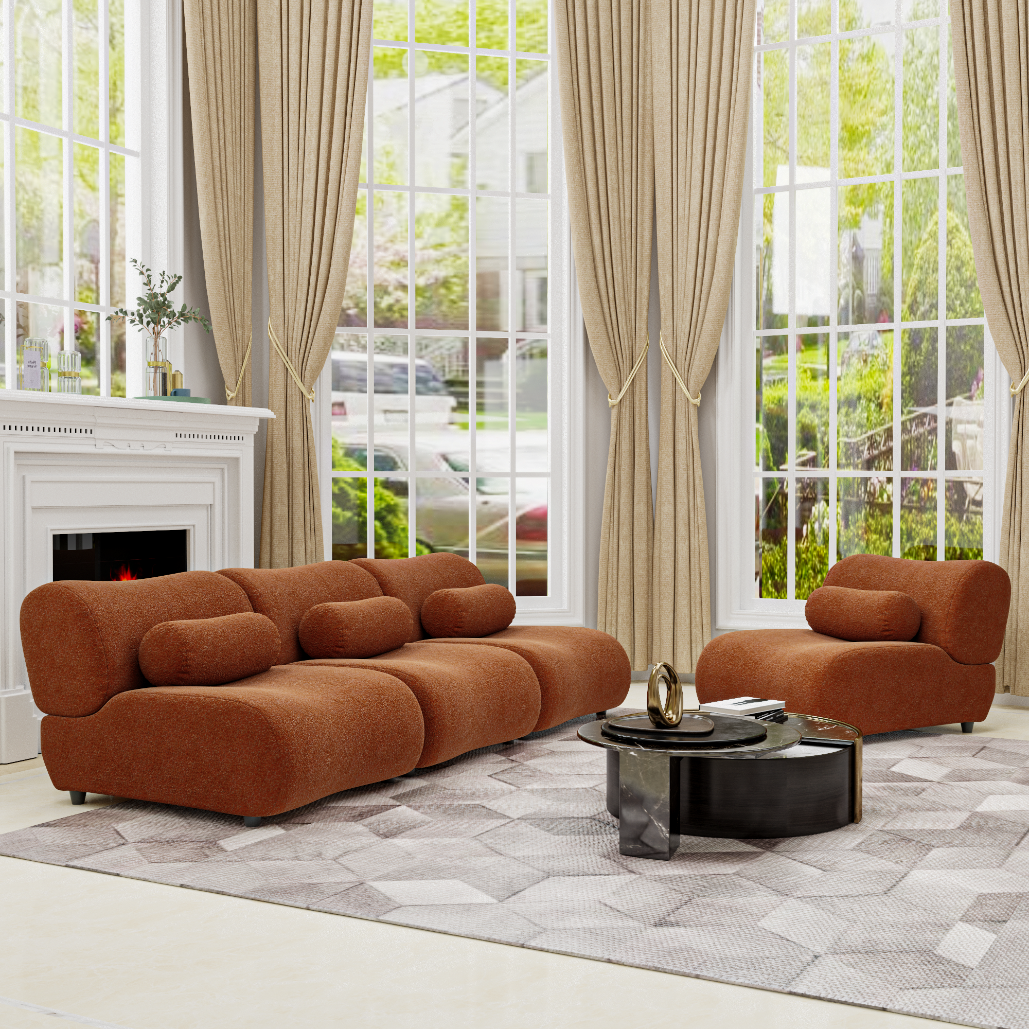 L-Shaped Orange Modular Sofa Set in High Comfort Chenille Fabric for Modern Living Room and Lounge Areas