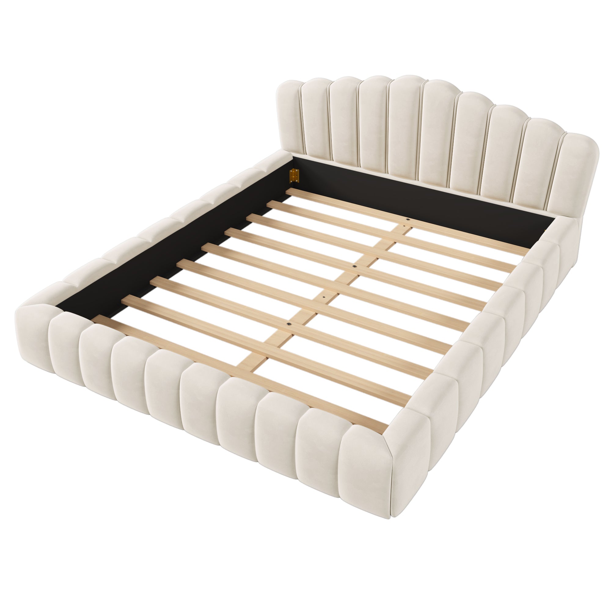 Queen Beige Velvet Upholstered Bed Frame with Shell-Shaped Headboard and Storage