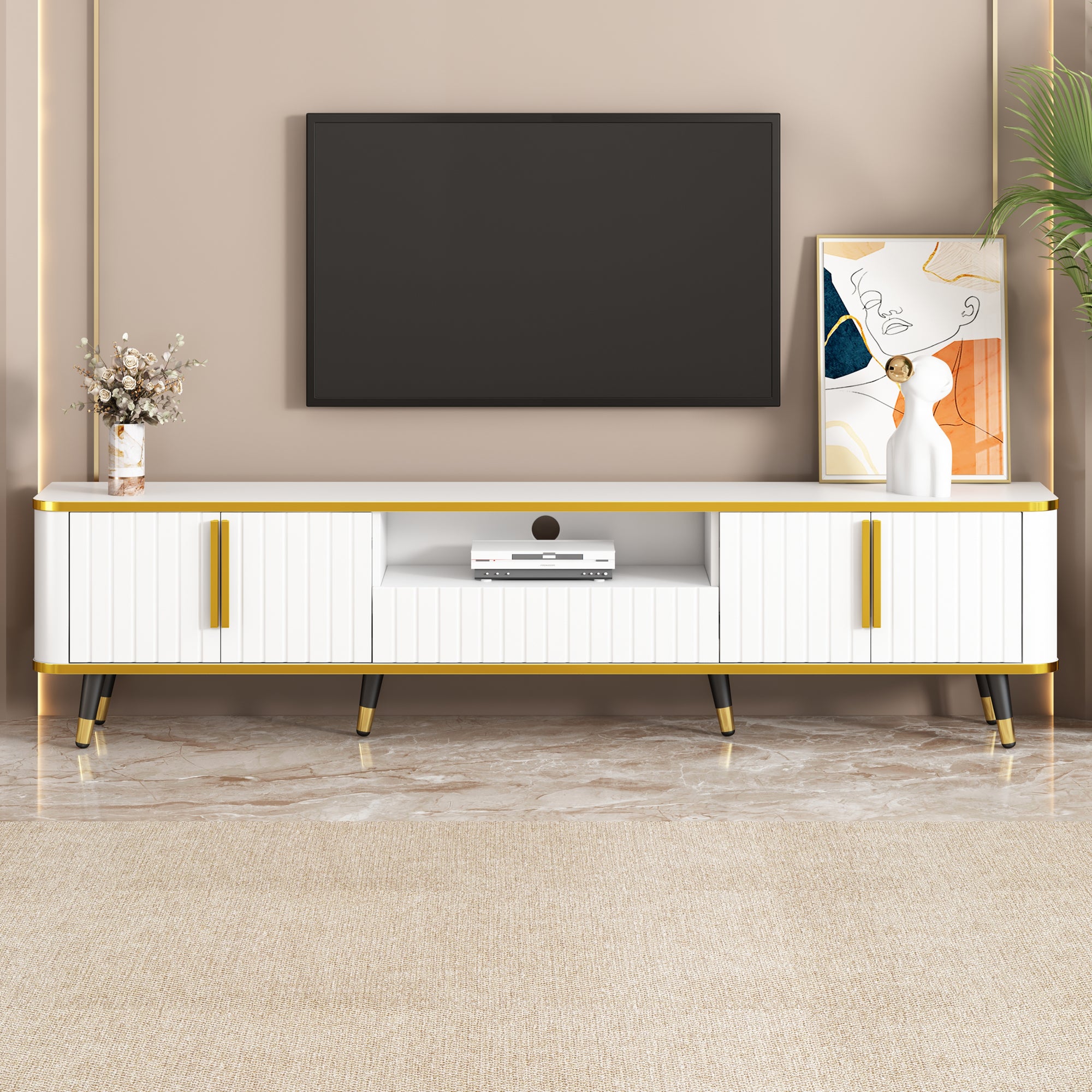 Luxury Minimalism TV Stand with Open Storage Shelf for TVs Up to 85 Inches, Media Console with Cabinets and Drawers In White