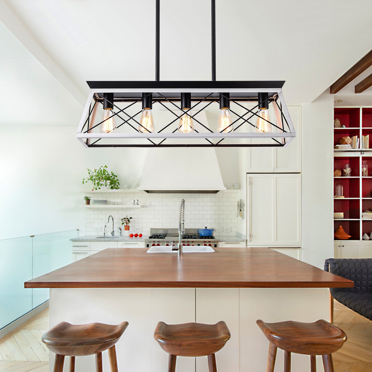 White Pendant 5-Light Farmhouse Chandeliers for Dining Room