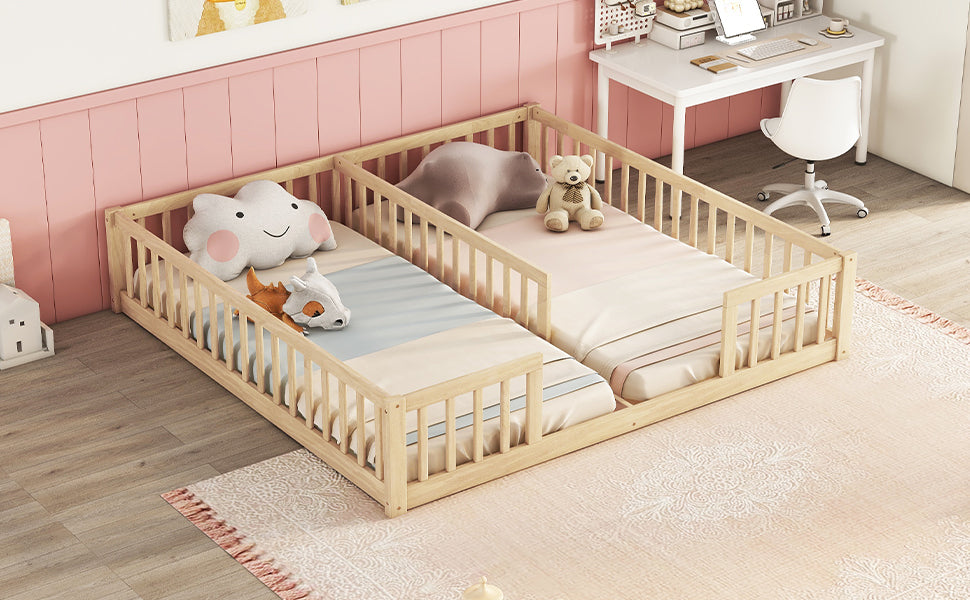 Double Twin Toddler Floor Bed with Fence and Guardrails in Natural Tones