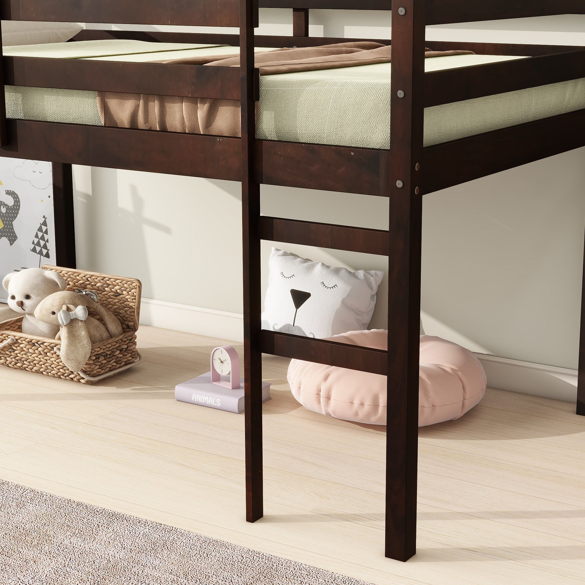 Espresso Twin Loft Bed with Ladder and Strengthened Slats