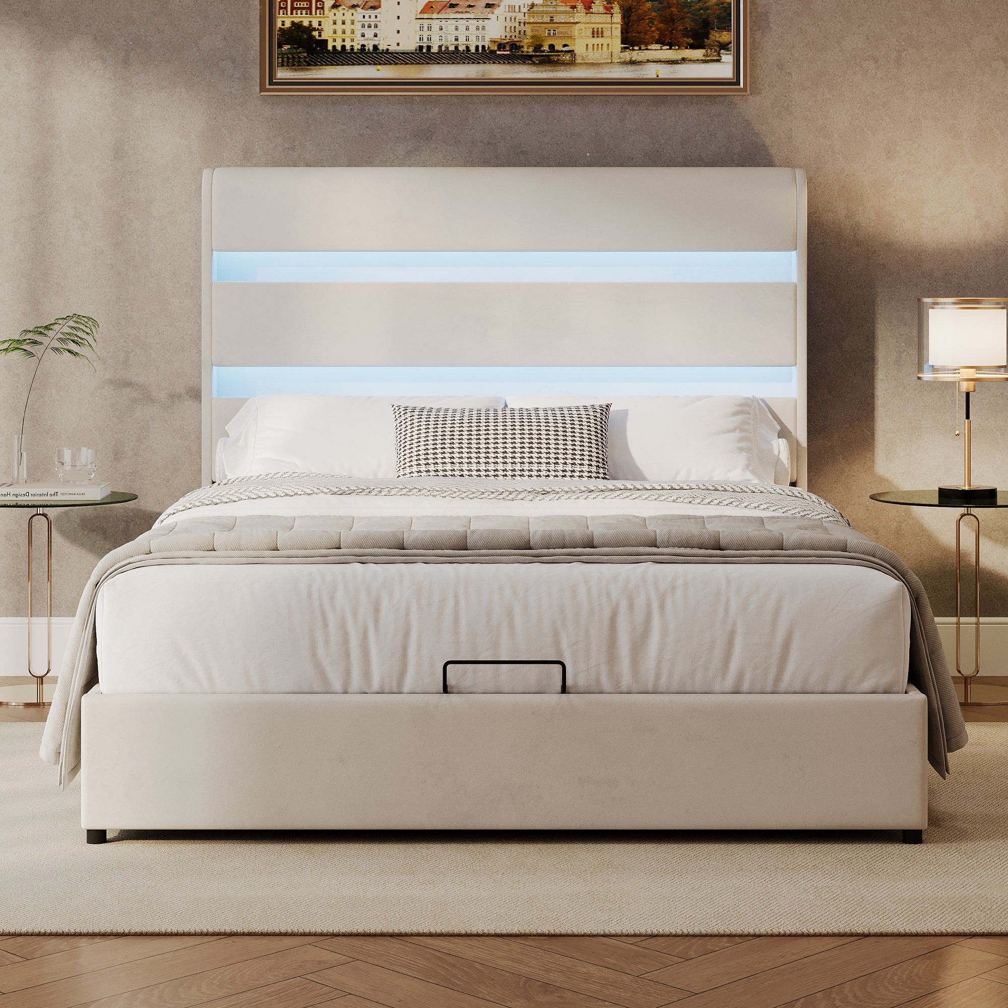 King Size Hydraulic Beige Velvet Upholstered Bed With Storage and LED Lighting