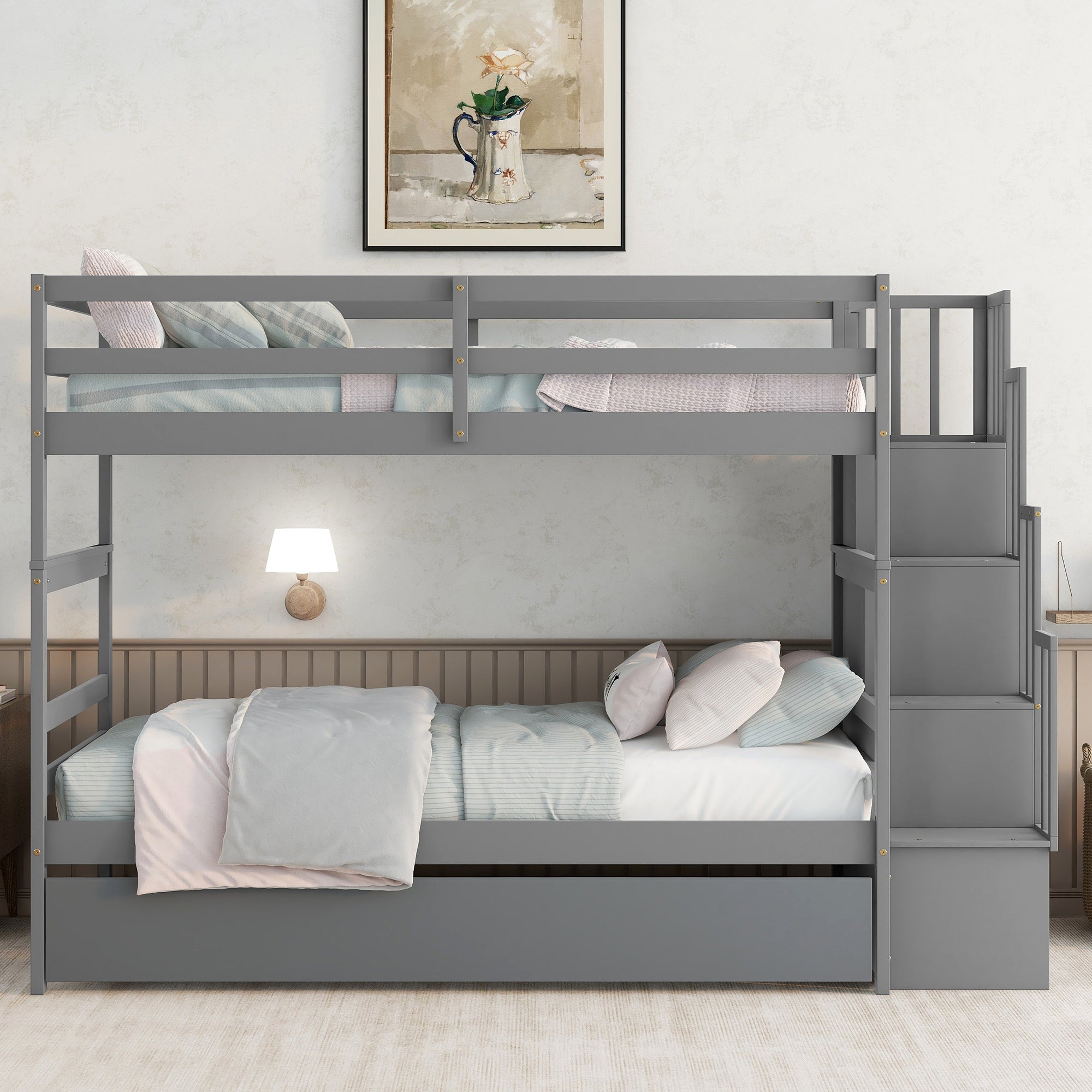 Twin over Twin Bunk Bed With Twin Trundle & Stairway Storage in Gray Solid Wood