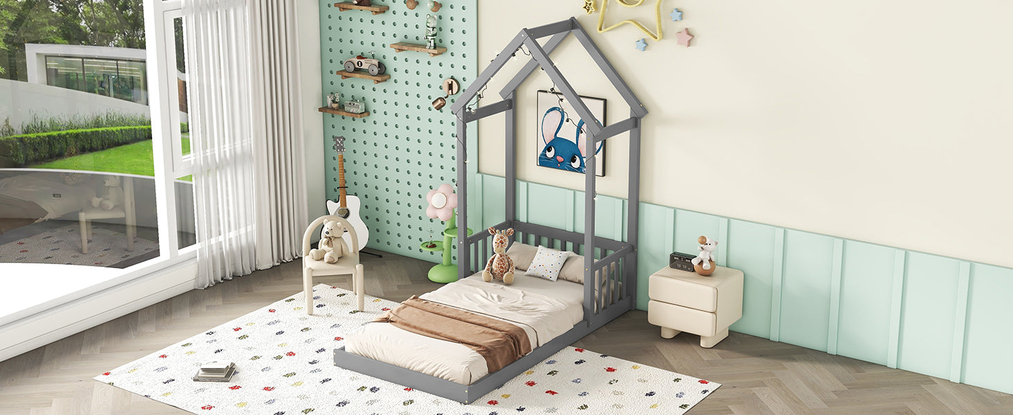 Gray Twin House-Shaped Roof Headboard Toddler Floor Bed