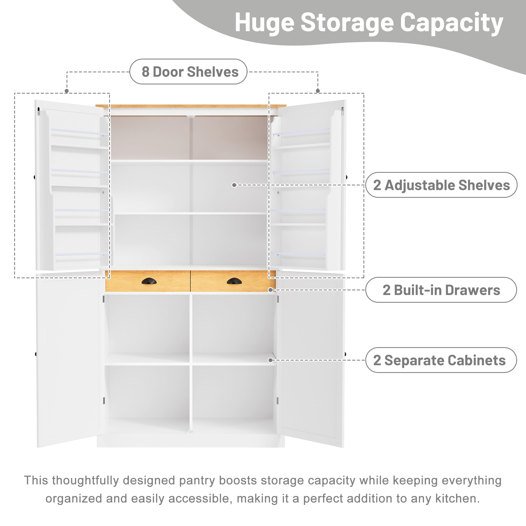 High Freestanding Kitchen Pantry with 2 Drawers, 2 Adjustable Shelves, 8 Door Shelves In White