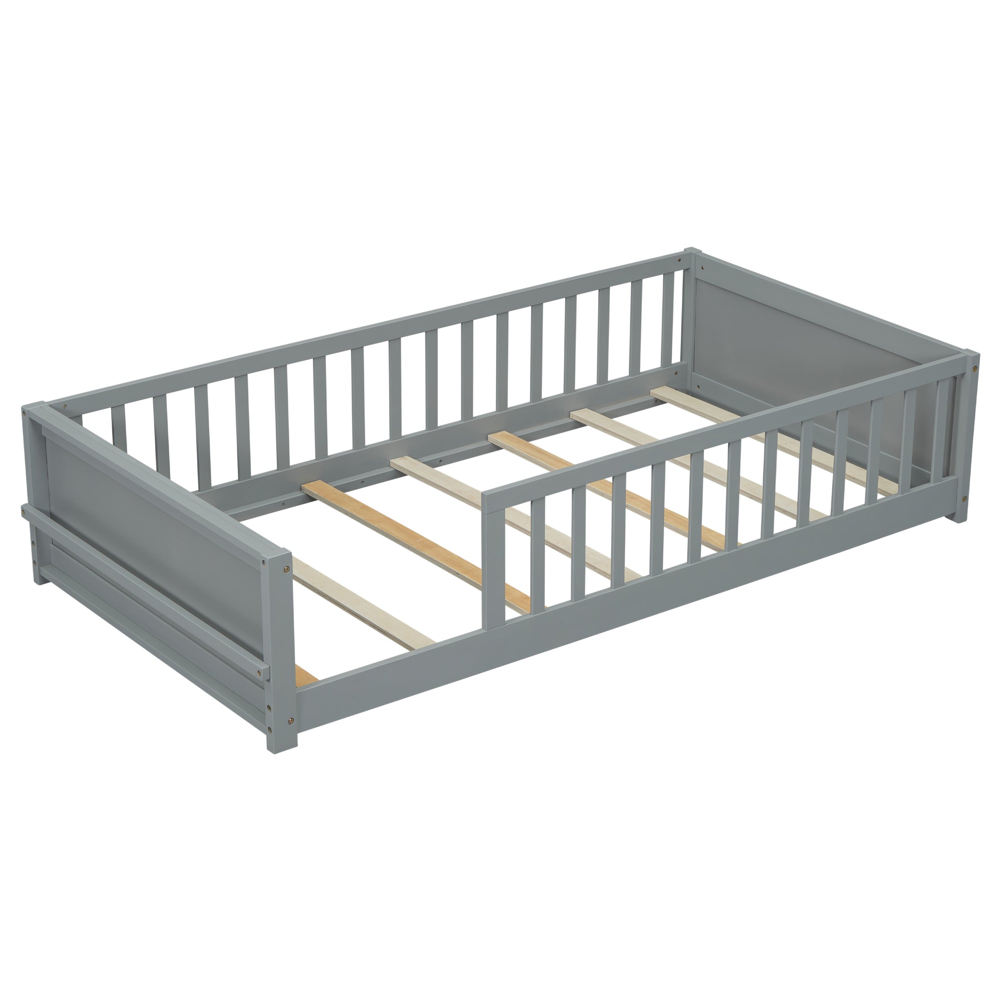 Gray Twin Toddler Floor Bed with Built-in Book Storage Rack