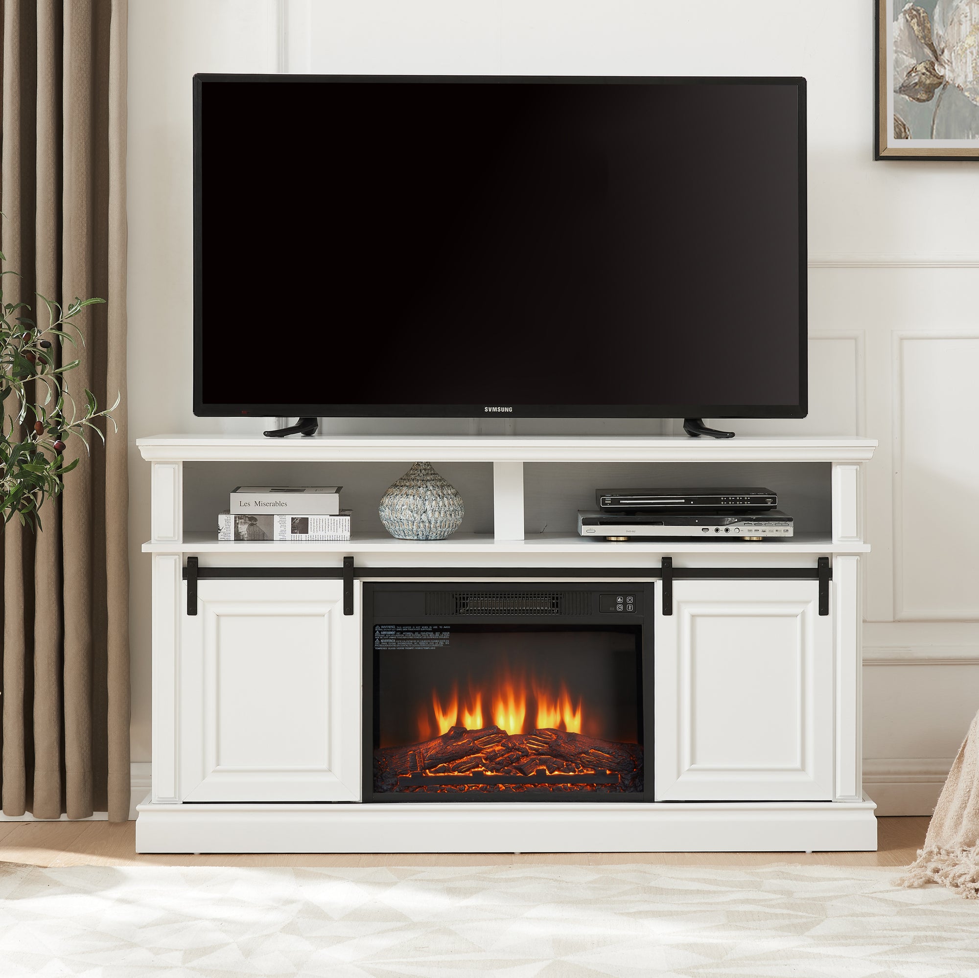 Media Console Table with Storage Cabinet and Fireplace Insert In Antique White