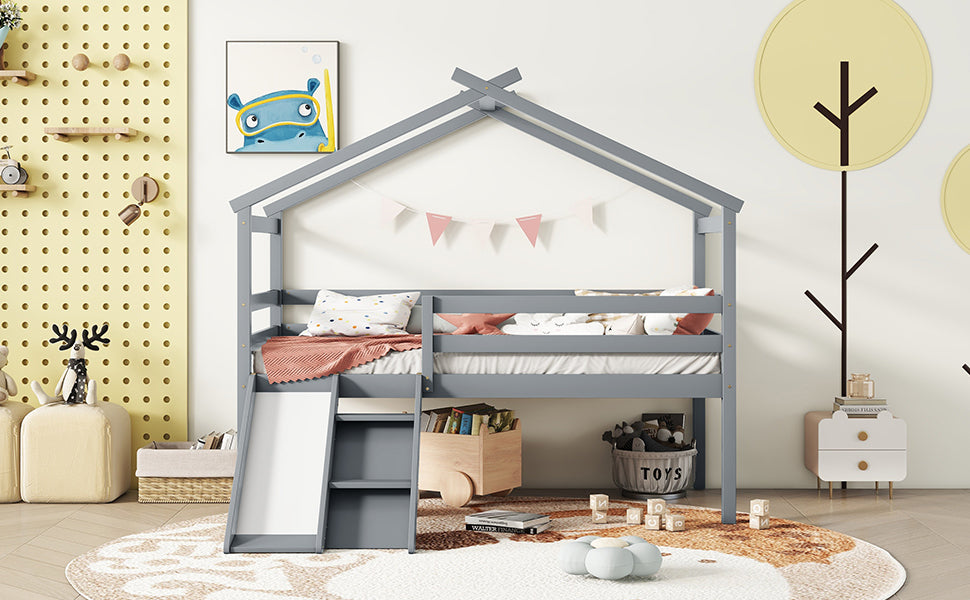 Gray Twin Low Loft House Bed with Slide, Ladder, and Roof Frame