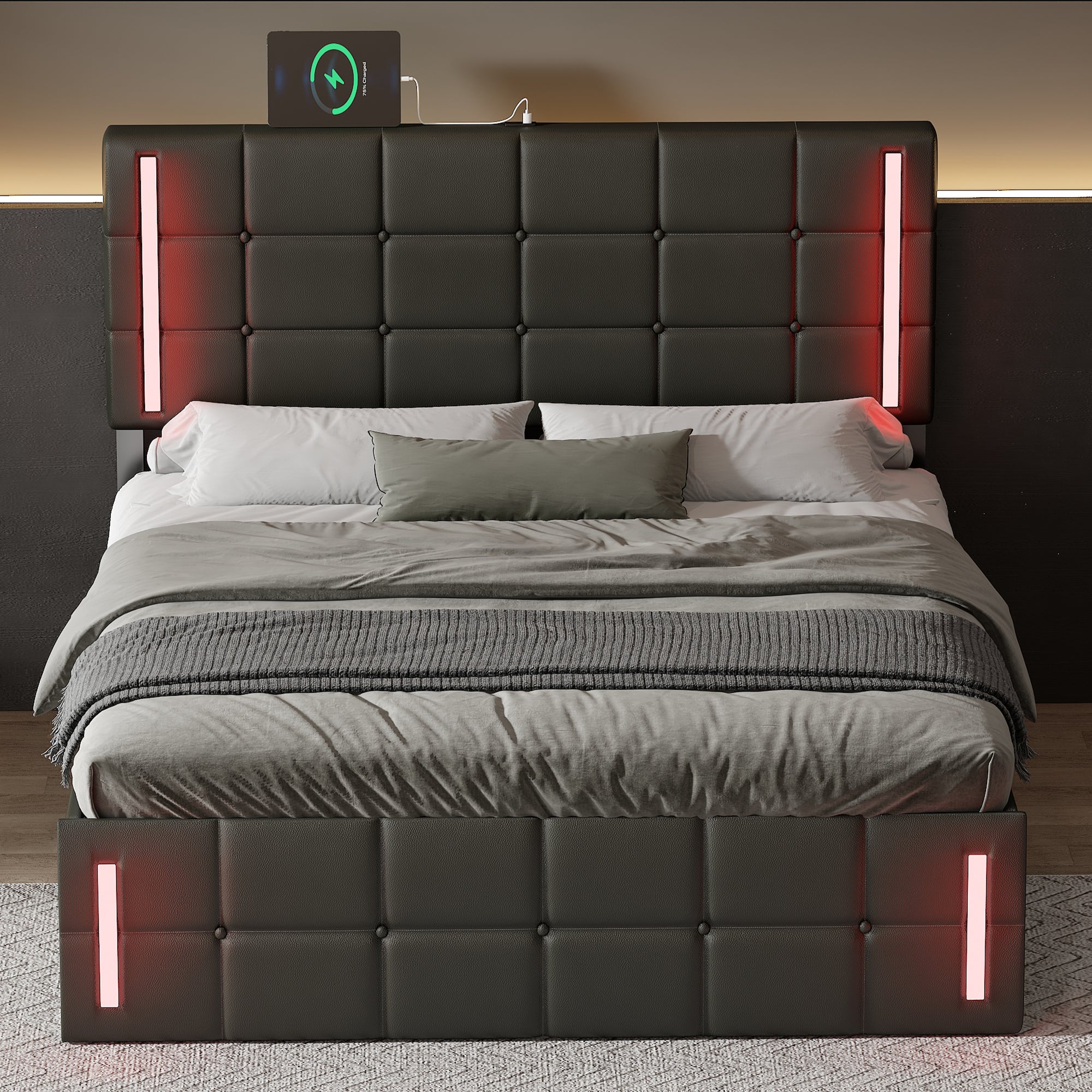 Full Size Upholstered Bed with LED Lights and Hydraulic Storage In Black