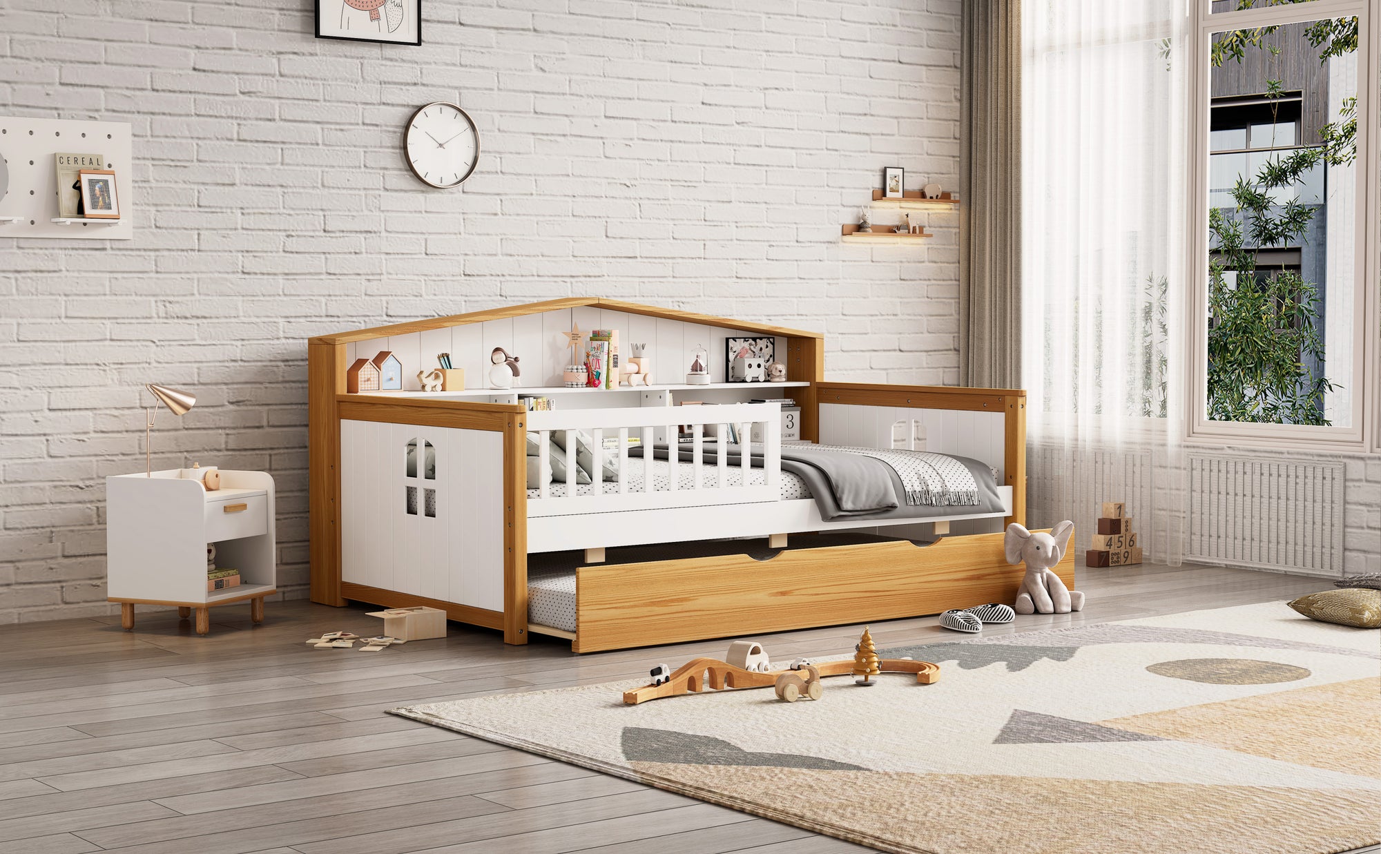 Twin Size Toddler Safety Bed Frame with Trundle & Fence Guardrails