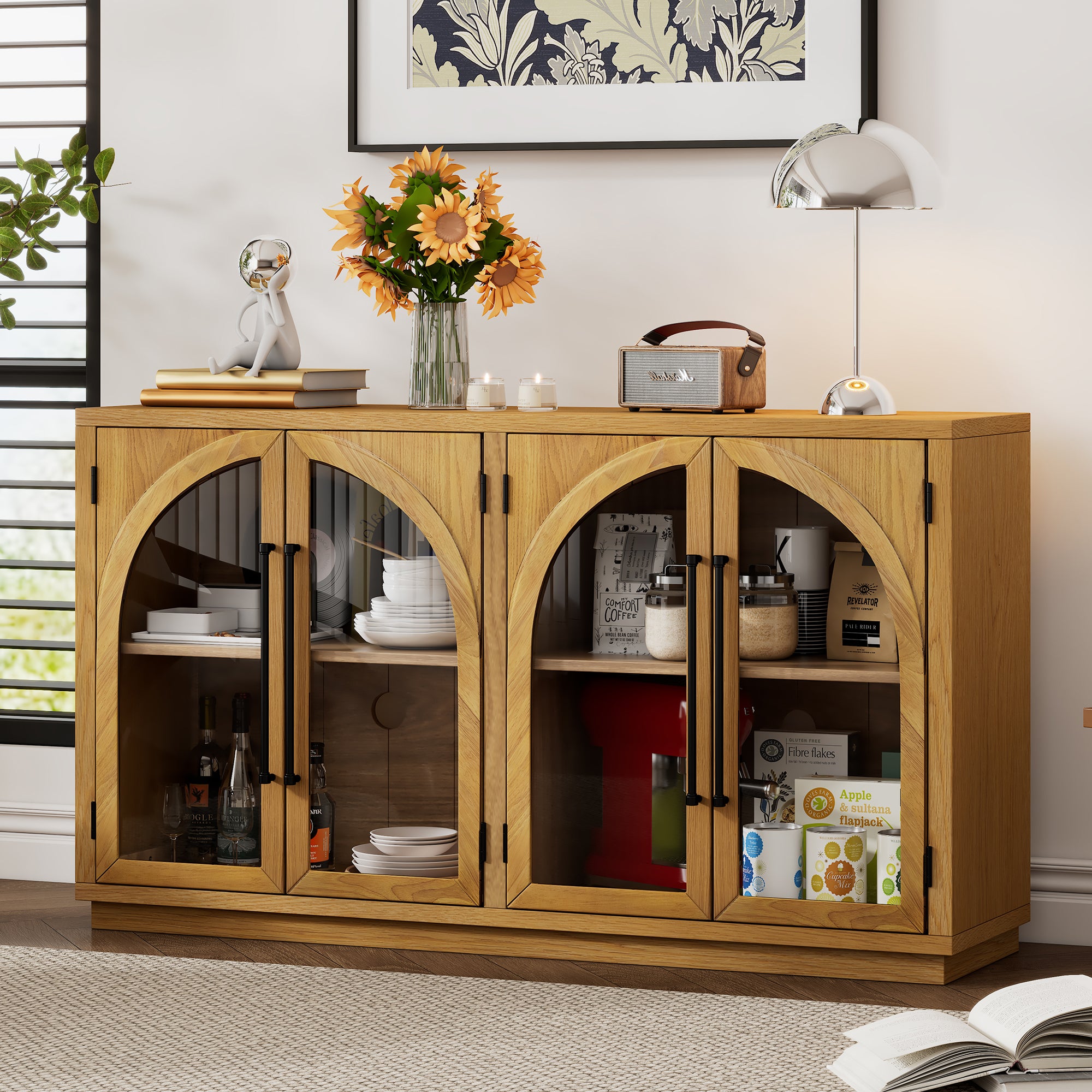 Large 4-Door Storage Buffet Cabinet with Glass Doors and Adjustable Shelves In Natural Wood