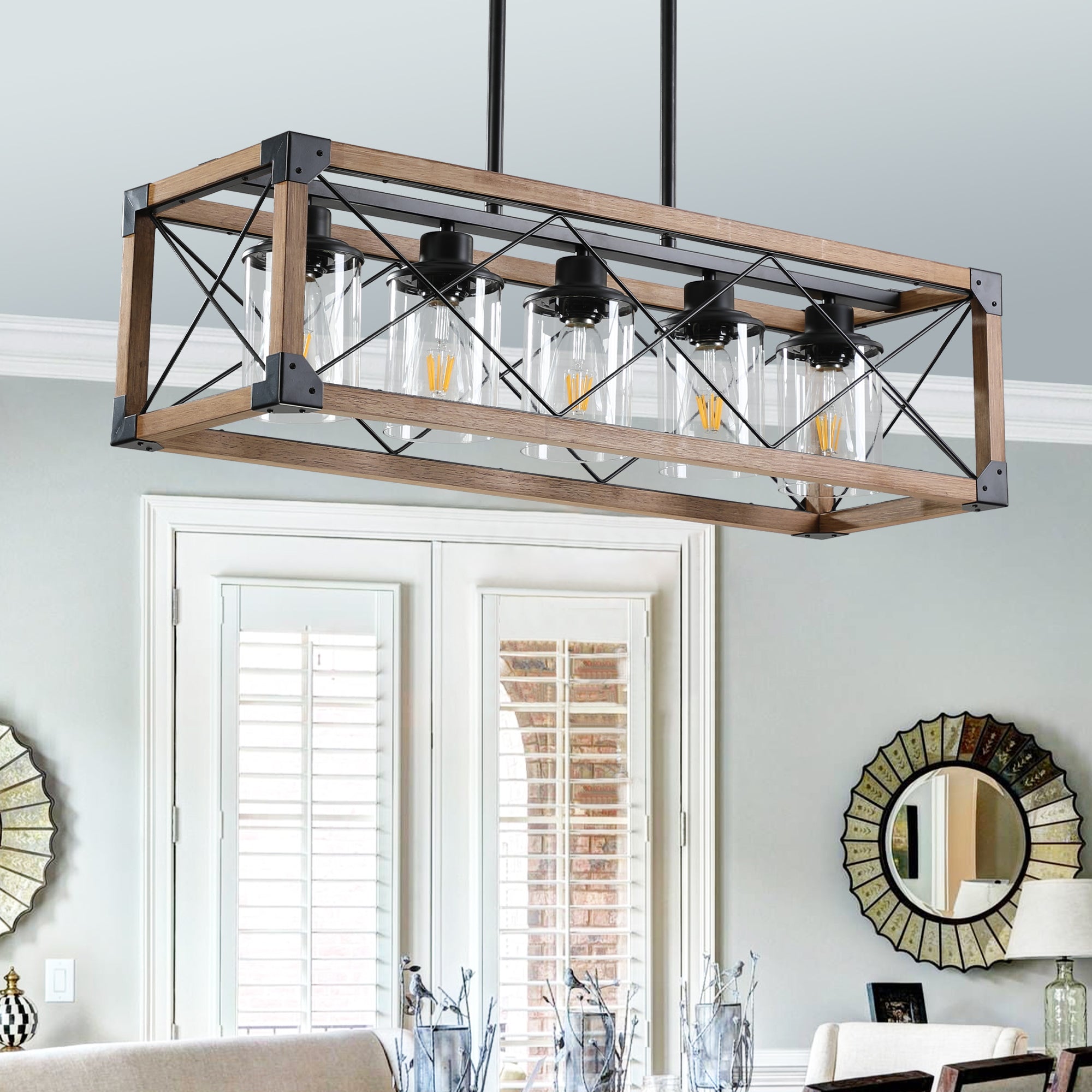 Farmhouse 5-Light Walnut and Black Chandelier with Adjustable Height Boom