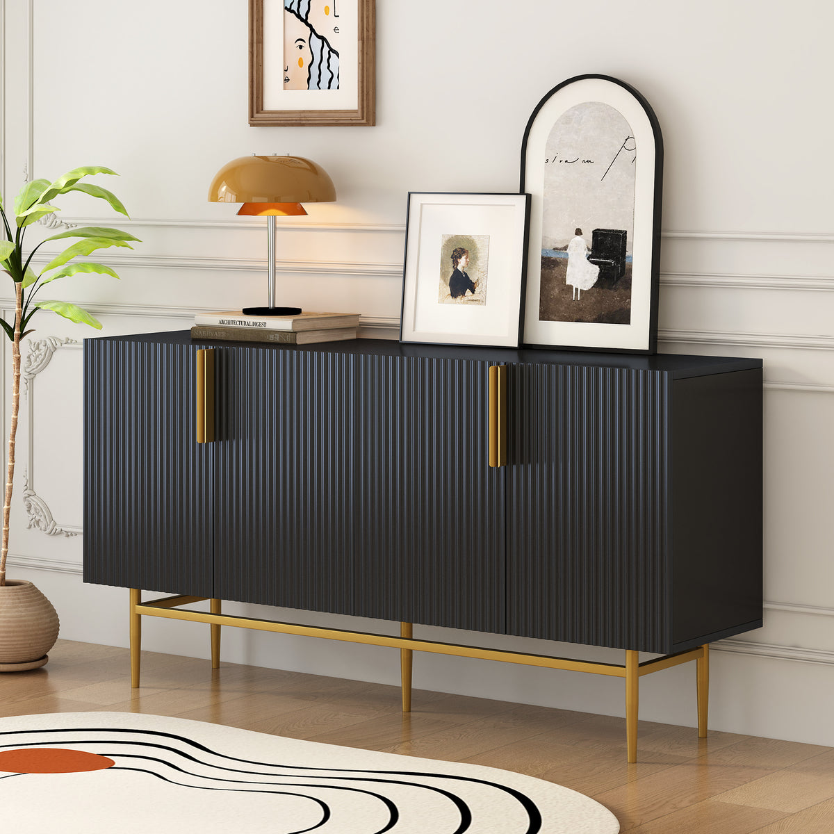 Modern Elegant 4-Door Sideboard Gold Metal Handle Buffet Cabinet for Dining Room Living Room Bedroom Hallway In Black