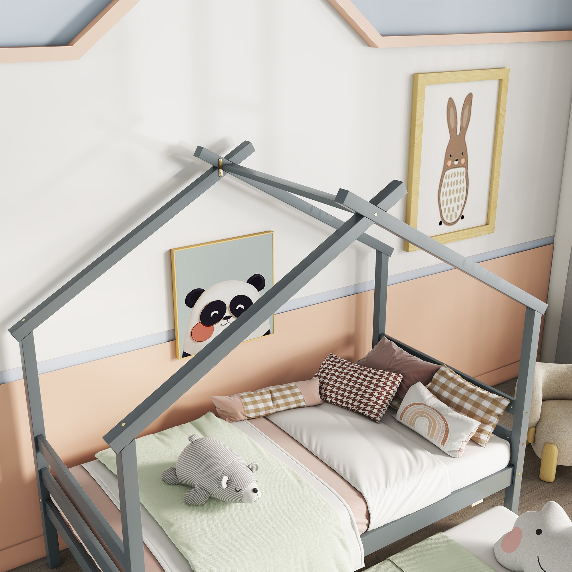 Gray Twin House-Shaped Bed with Pull-Out Trundle