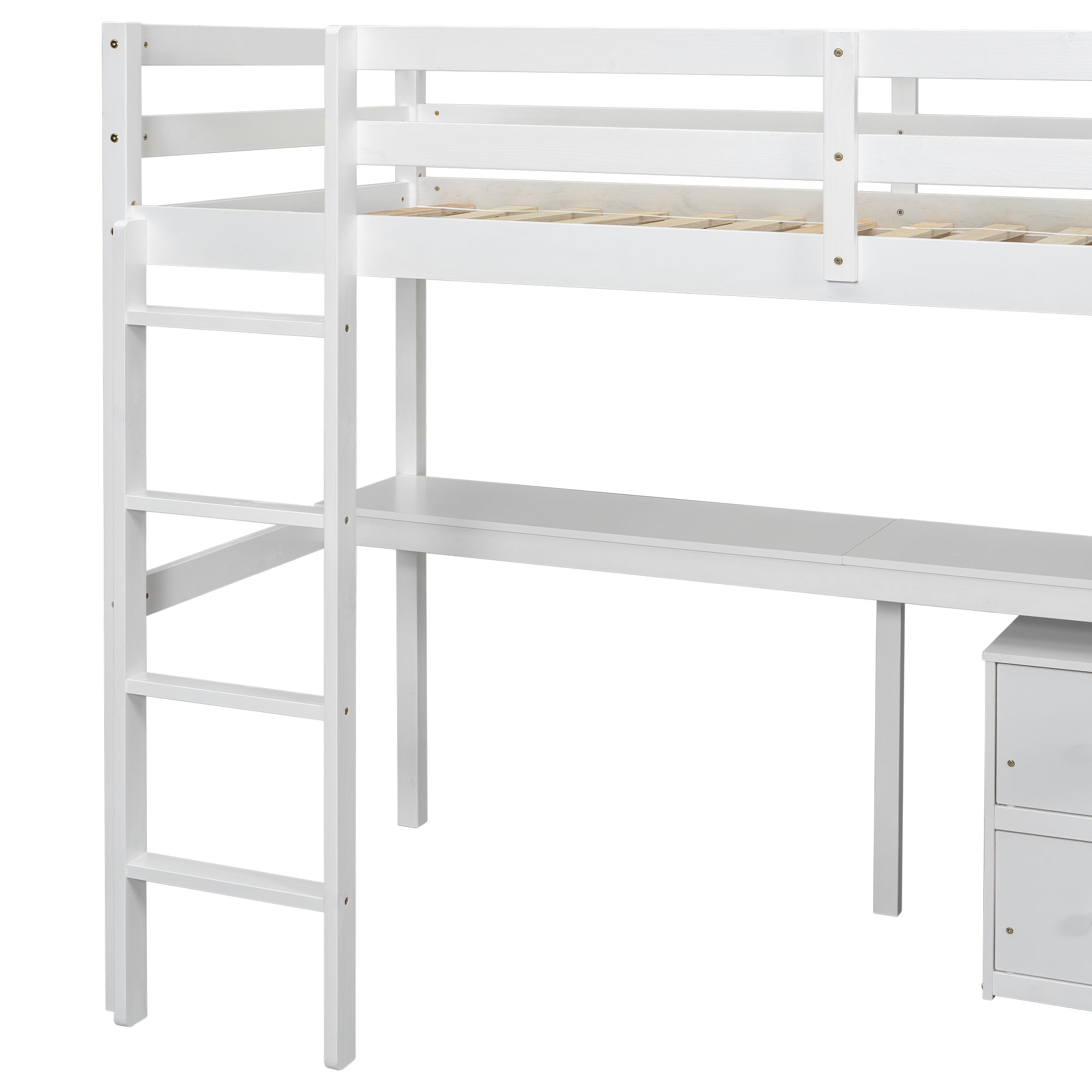 White Twin Loft Bed with Built-in Desk, Storage Cabinet, Guardrails & Ladder