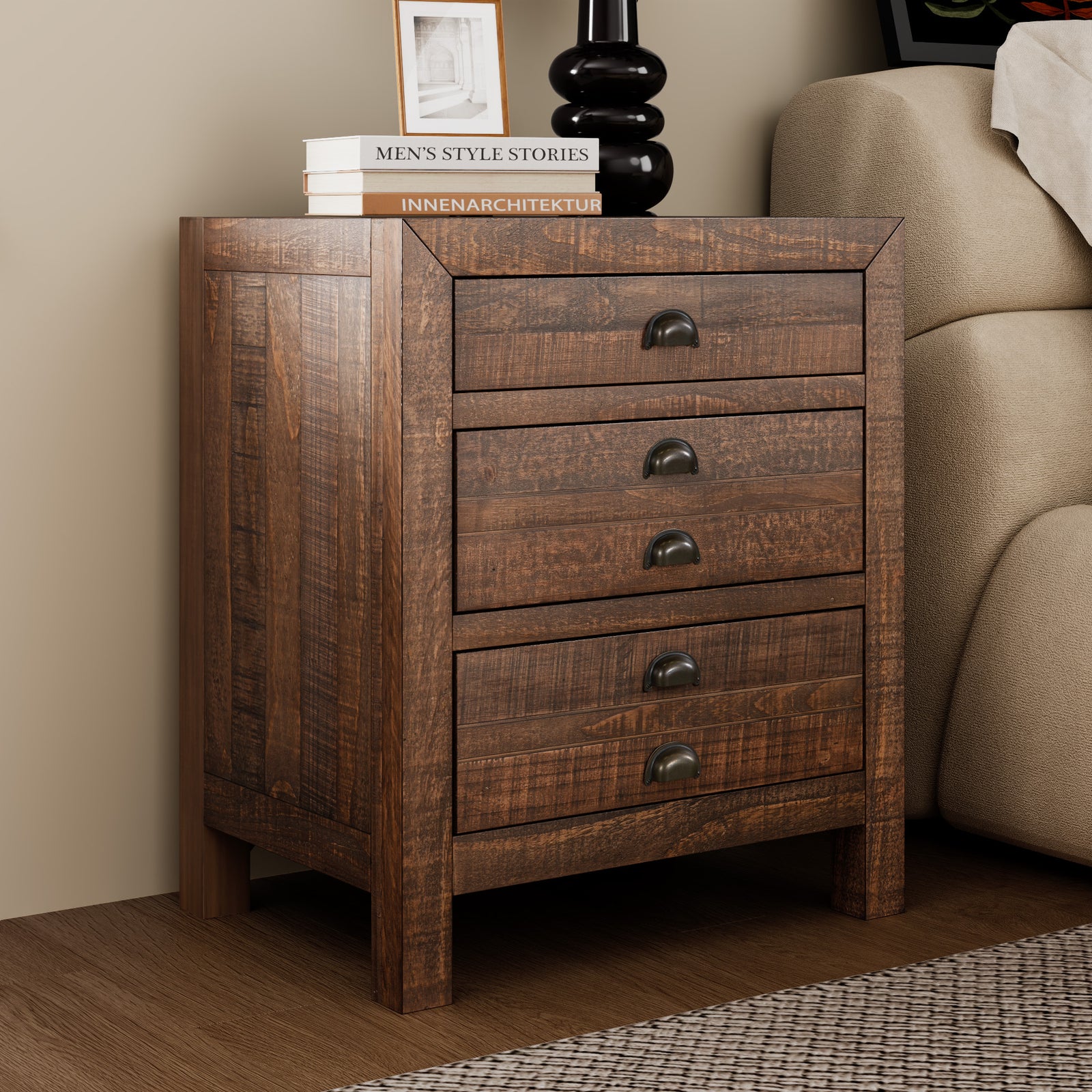22" Rustic Brown Farmhouse Style Solid Wood Nightstand with Charging