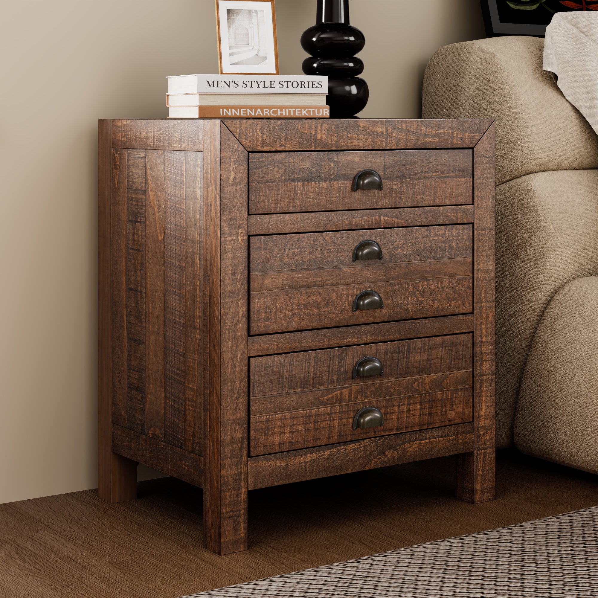 Rustic Farmhouse Style Three-Drawer Solid Pine Wood Nightstand with Charge Station In Brown