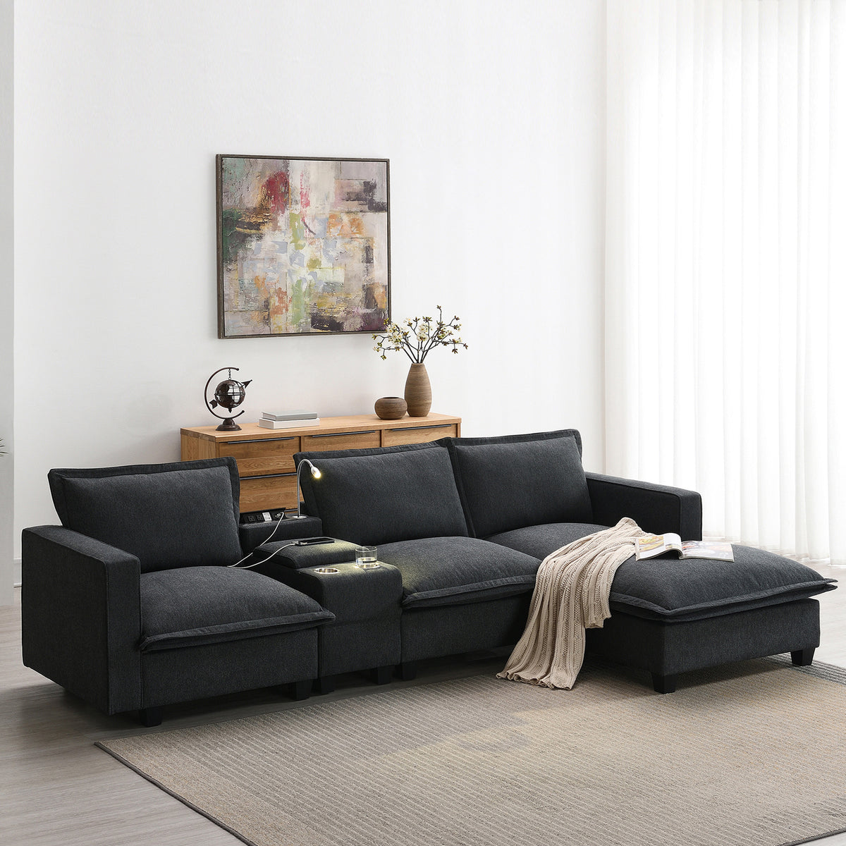 4-Seater Modular Chenille Sofa with Reading Lights &amp; Storage in Dark Gray