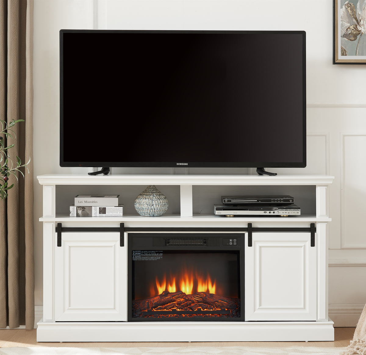 Media Console Table with Storage Cabinet and Fireplace Insert In Antique White