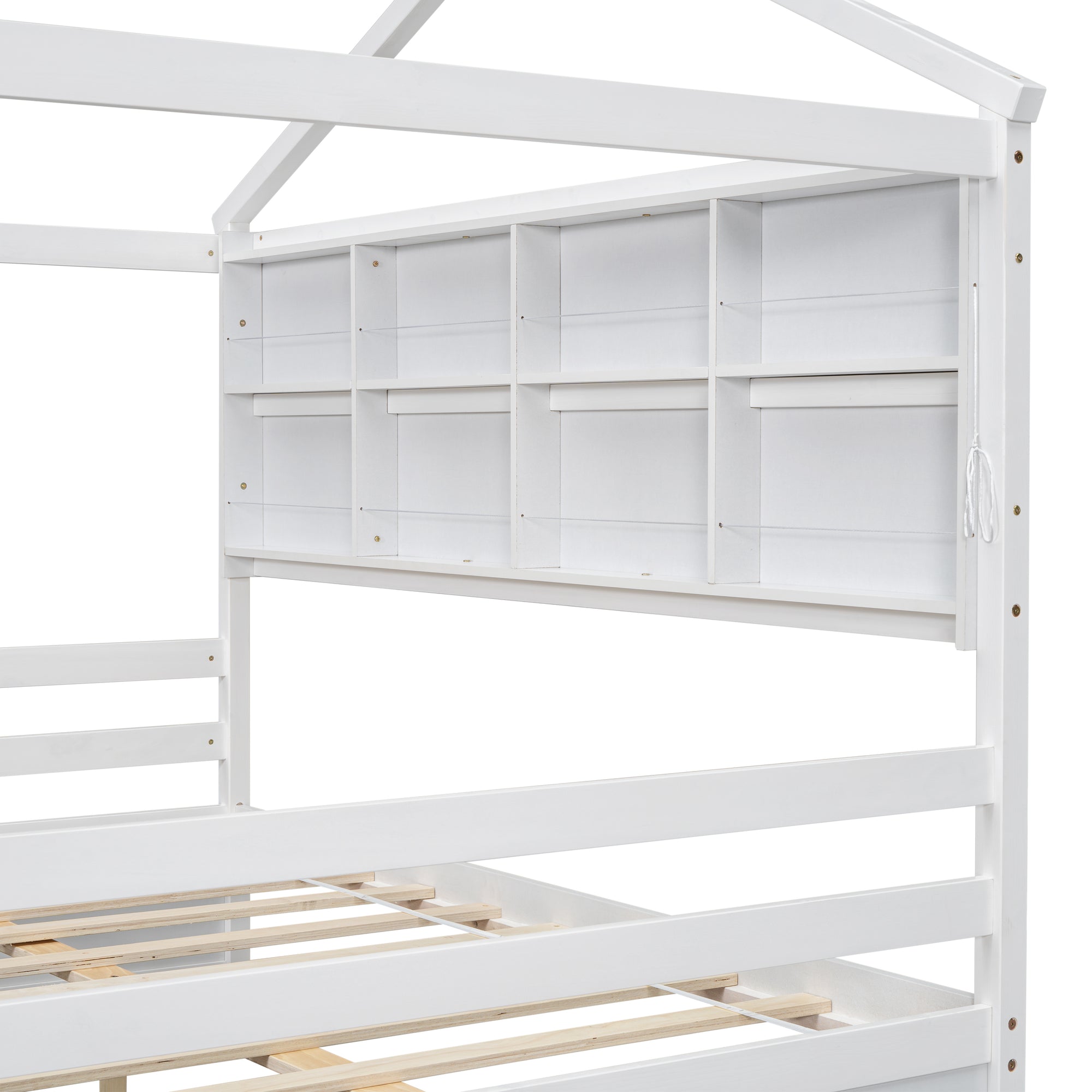 Full Sized Bed with Roof Frame, Bedside Shelves, and Under-Bed Storage Unit