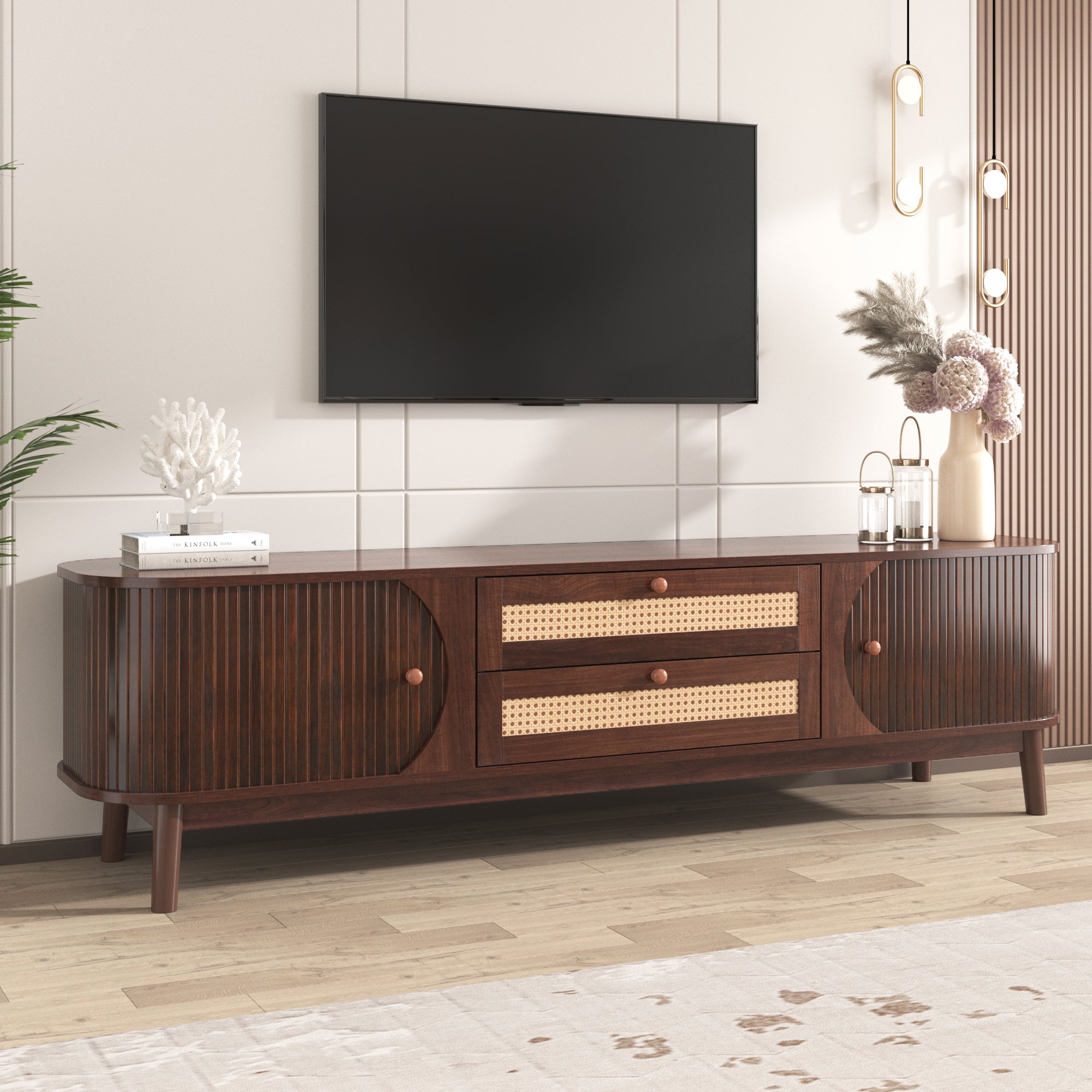 Rattan TV Stand for TVs Up to 75 Inch Modern Farmhouse Media Console with Solid Wood Legs In Natural Wood and Brown