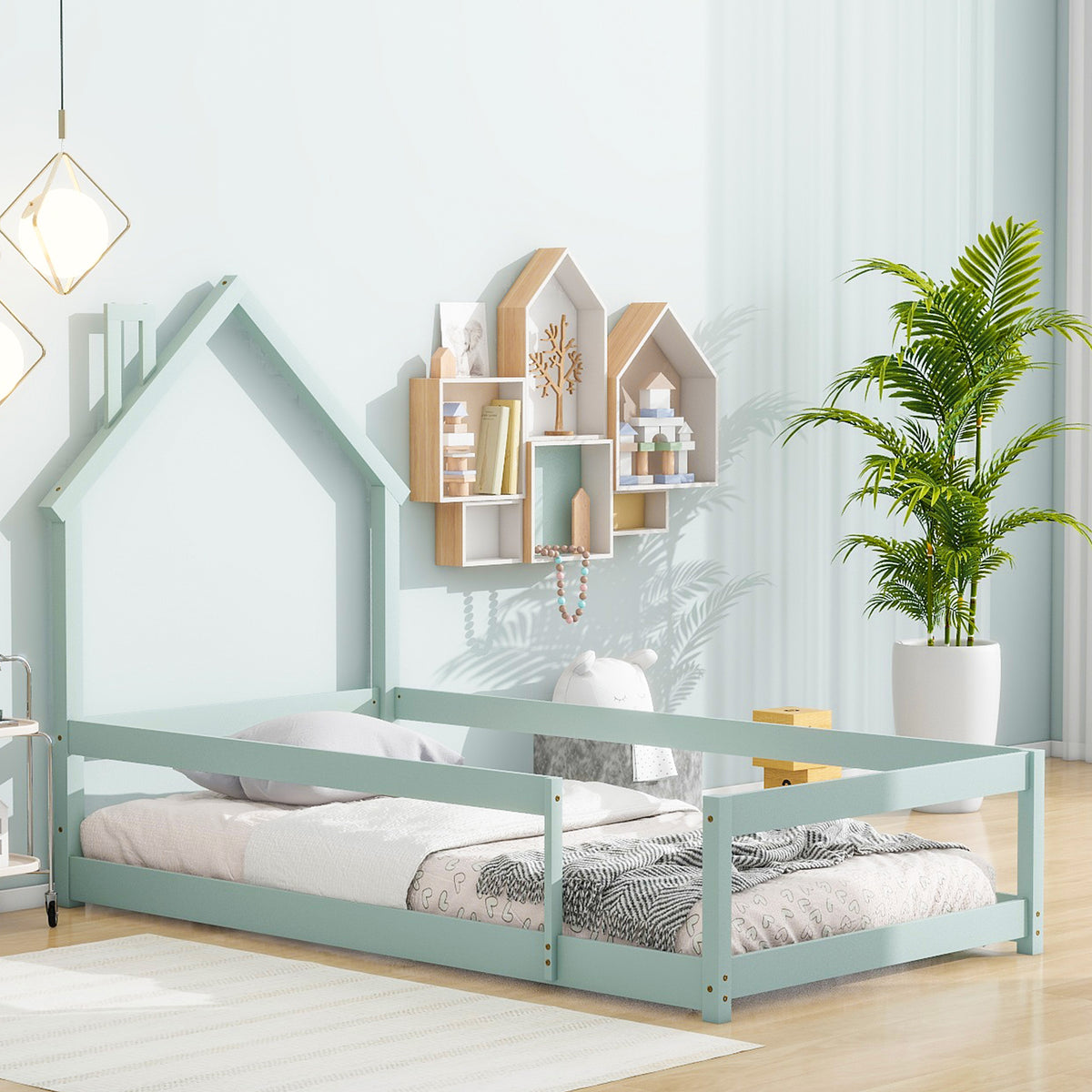 Light Green Twin Size Wood Toddler Floor Bed with House-Shaped Headboard &amp; Guardrails