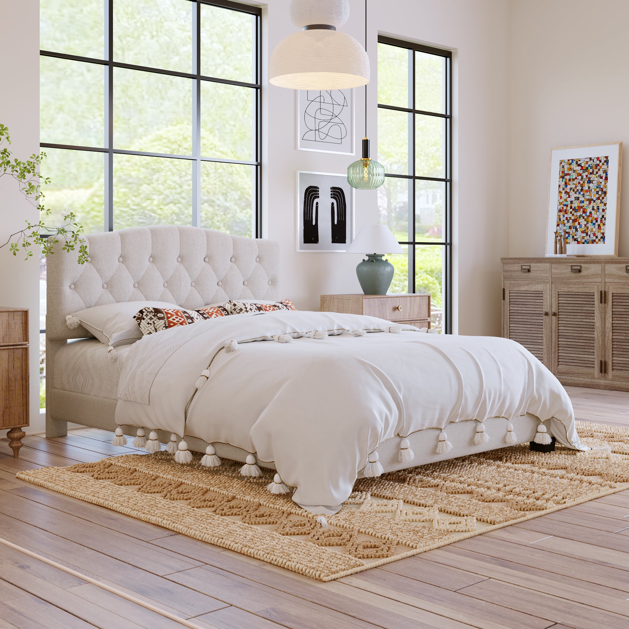 Beige Queen Size Upholstered Platform Bed with Diamond-Tufted Headboard