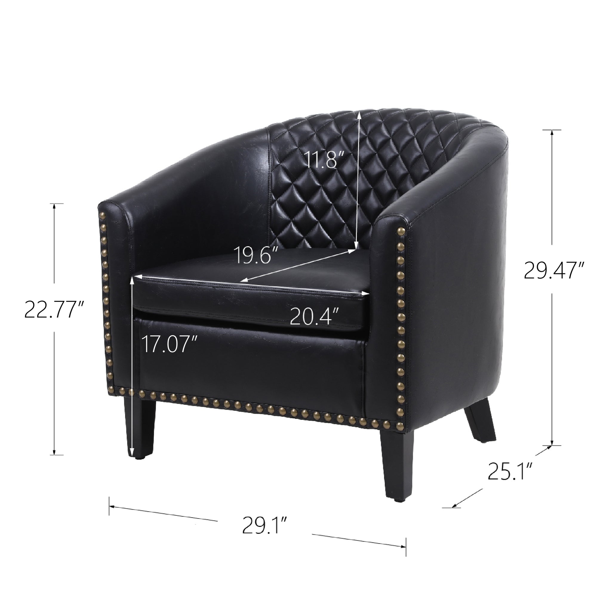 Black Leather Barrel Accent Chair With Nailheads & Solid Wood Legs