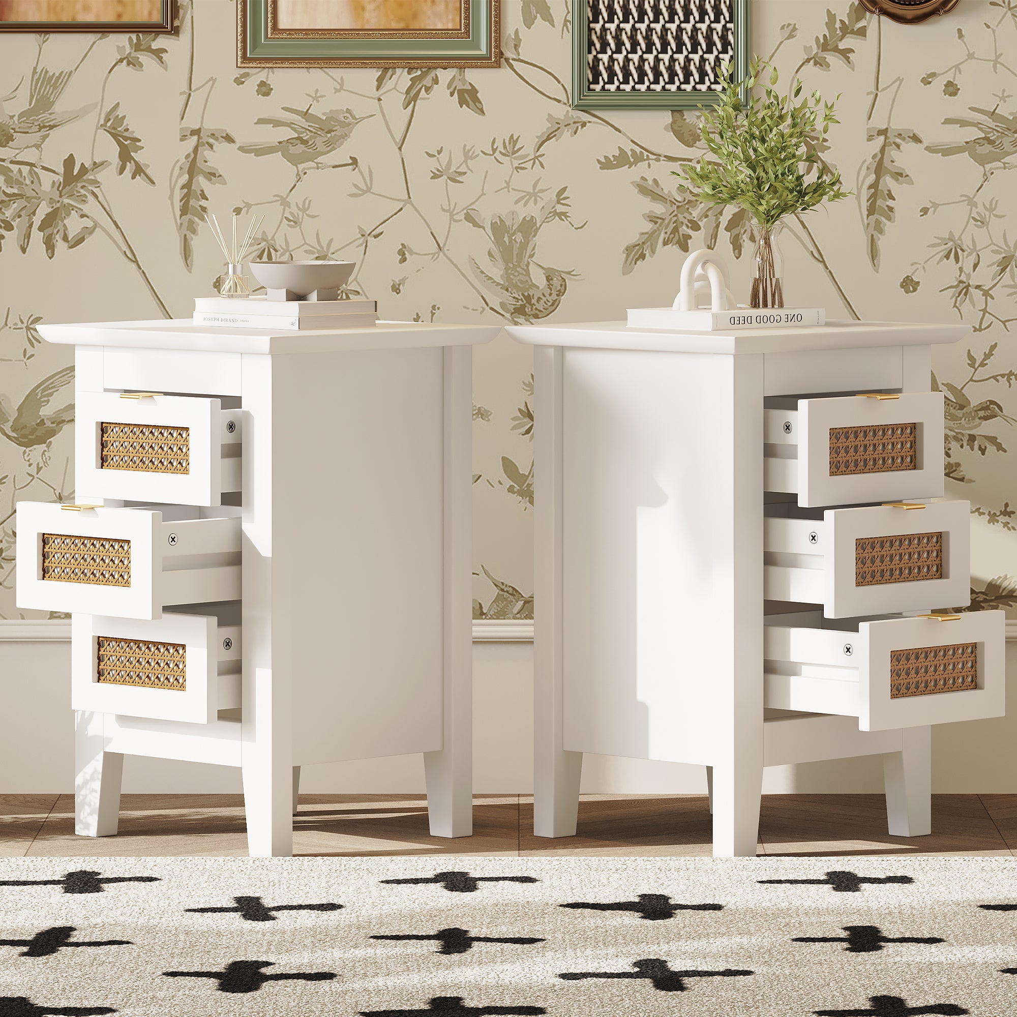 Wooden Nightstands Set of 2 with Rattan-Woven Surfaces and Three Drawers for Elegant Bedroom Storage In White