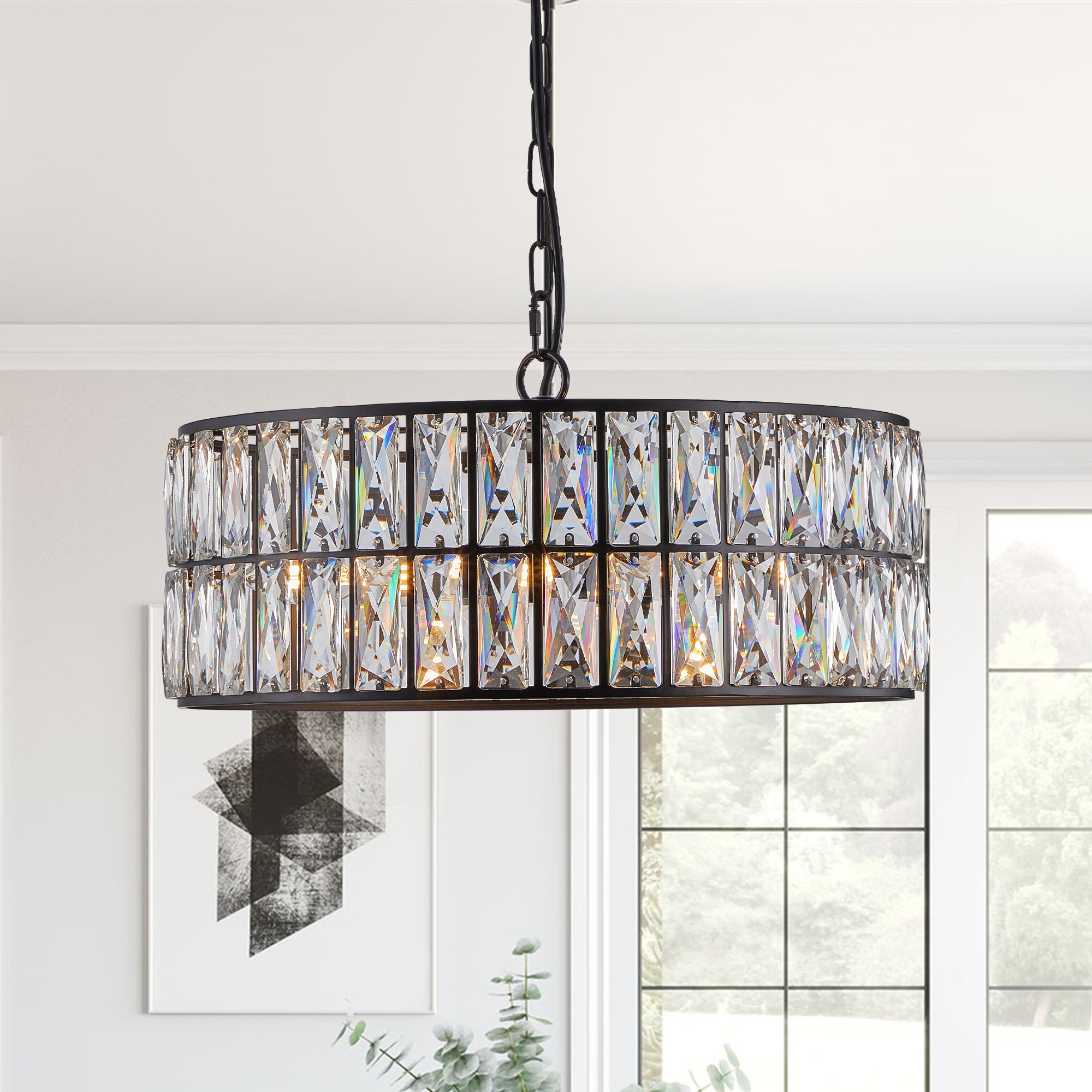 Black Metal Frame Crystal Drum Chandelier