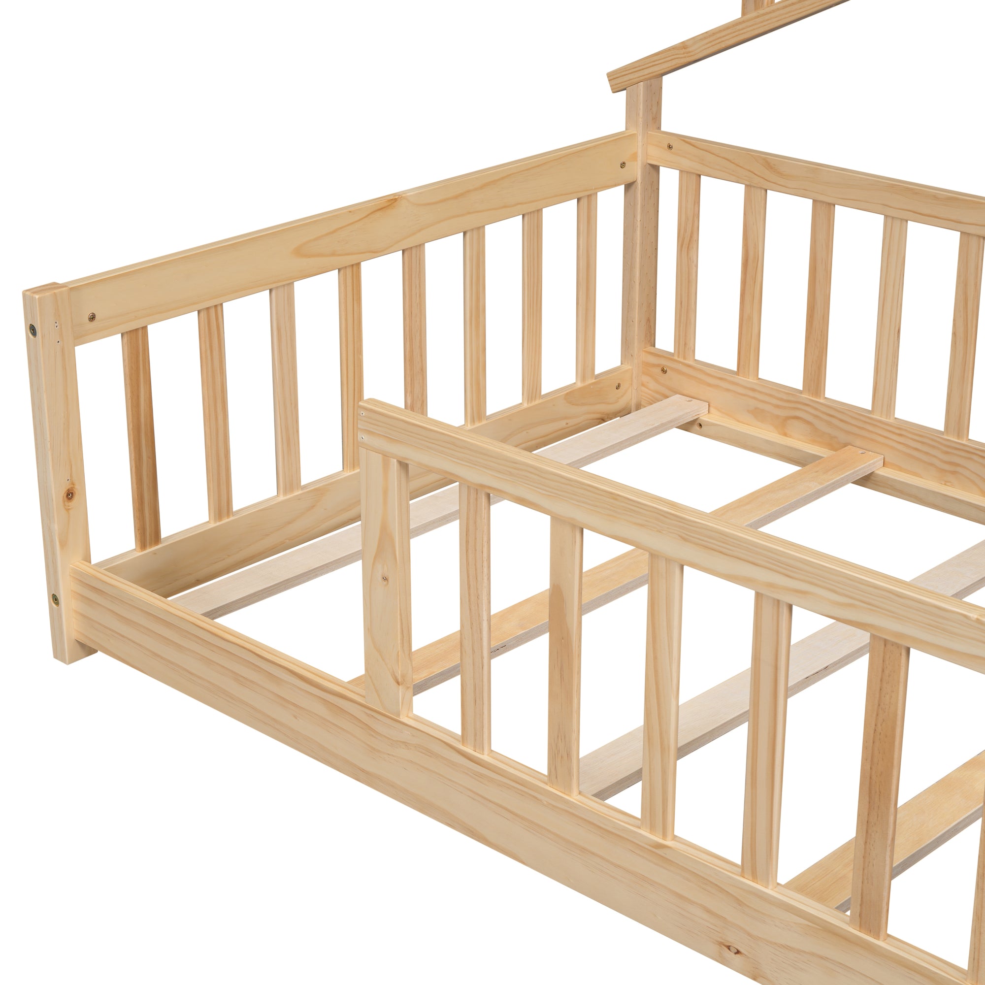 Twin House-Shaped Toddler Floor Bed with Guardrails and Fence in Natural Tones