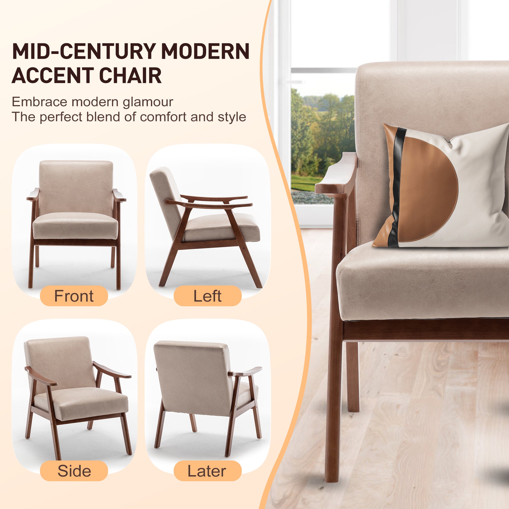 Mid-Century Modern Accent Chair - Solid Wood Frame, Extra-Thick Backrest, Ideal for Living Room, Bedroom, or Reading Room