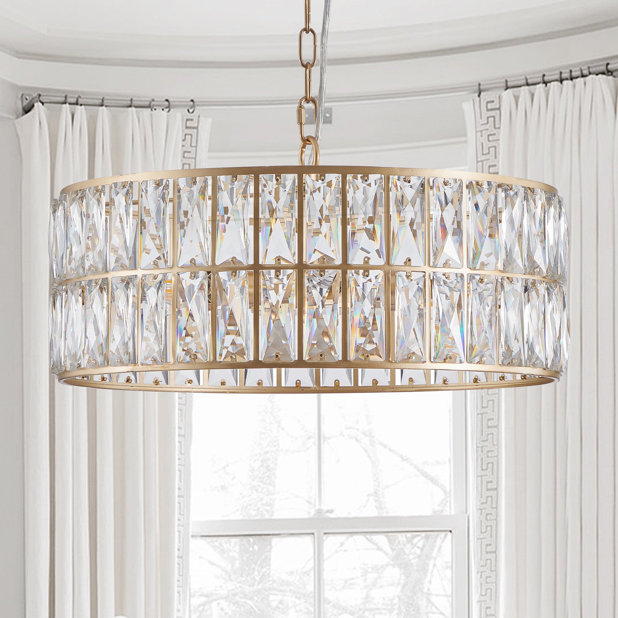 Modern Crystal 6-Light Pendant Drum Chandelier with Golden Metal Frame