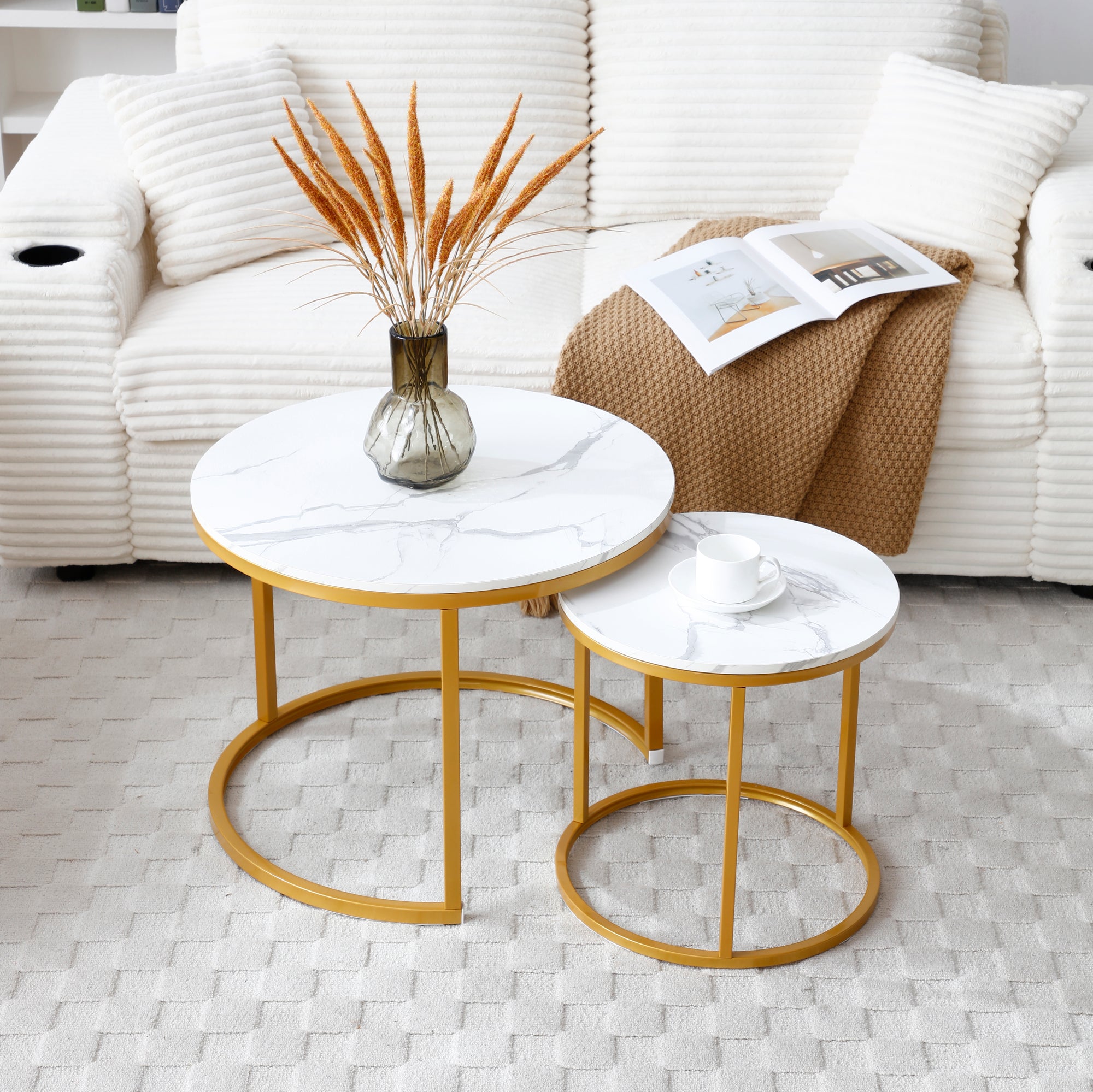 Set 2 Coffee Table Nesting White And Gray Top Golden Frame Round Marble Pattern Wooden Tables In White And Gray