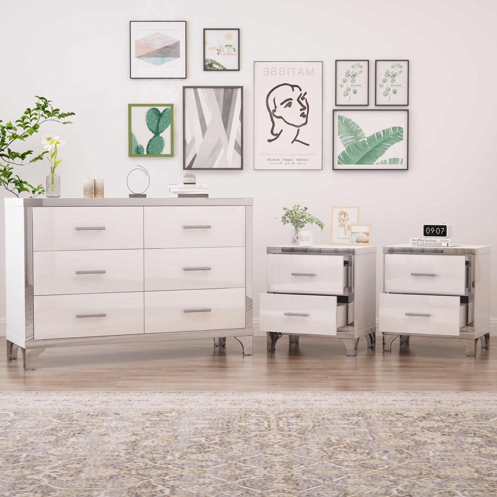 White 3-Piece Set Dresser & Nightstands with Metal Handling & Mirror Decoration